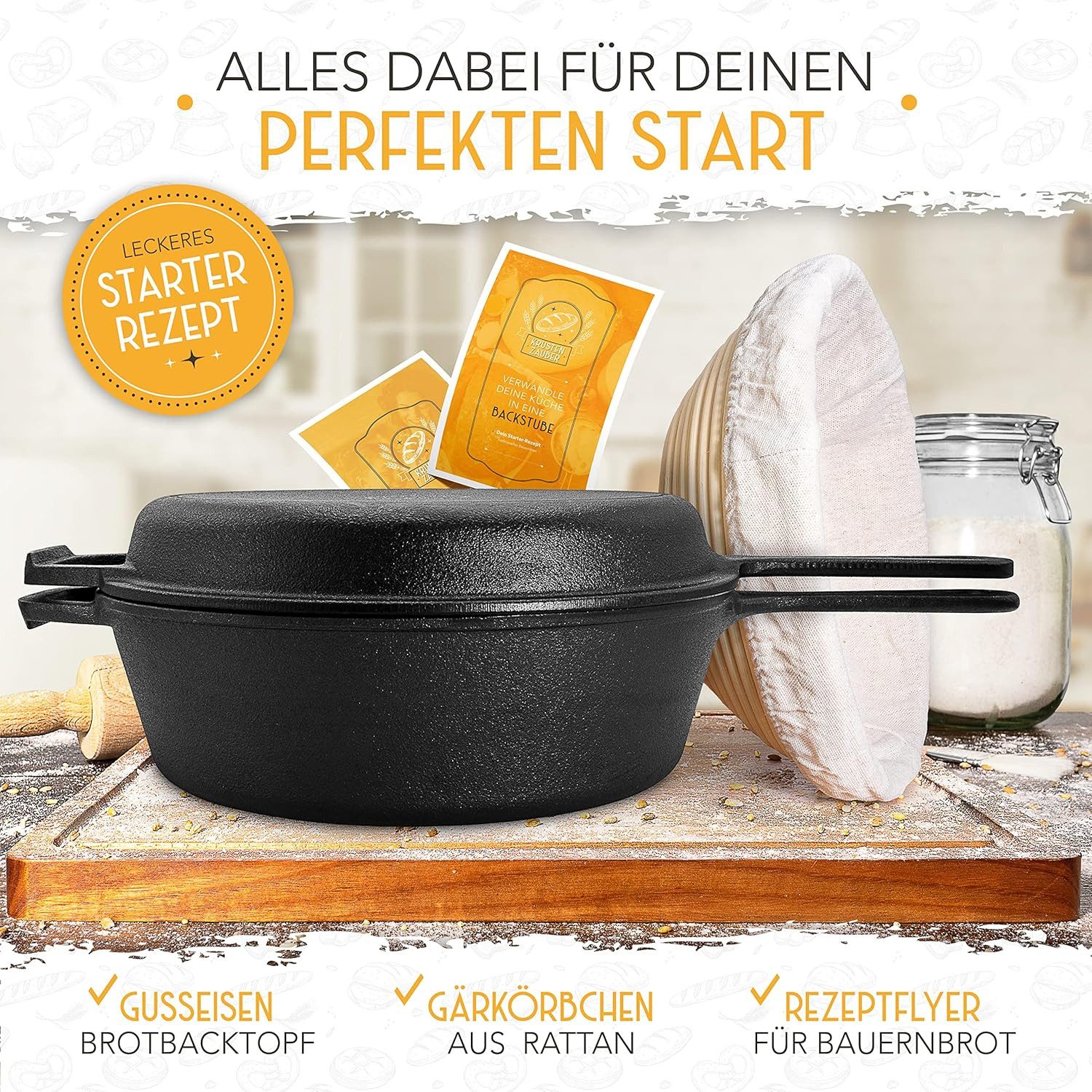 Krustenzauber Brotbackform 26cm Gusseisen Topf Brot Backen inkl. Gärkorb, (Robuster Brottopf mit Deckel - Idealer Brotbacktopf), Brotbackset Gusseisentopf Brotbacken, Brot Backen Zubehör, Brotform