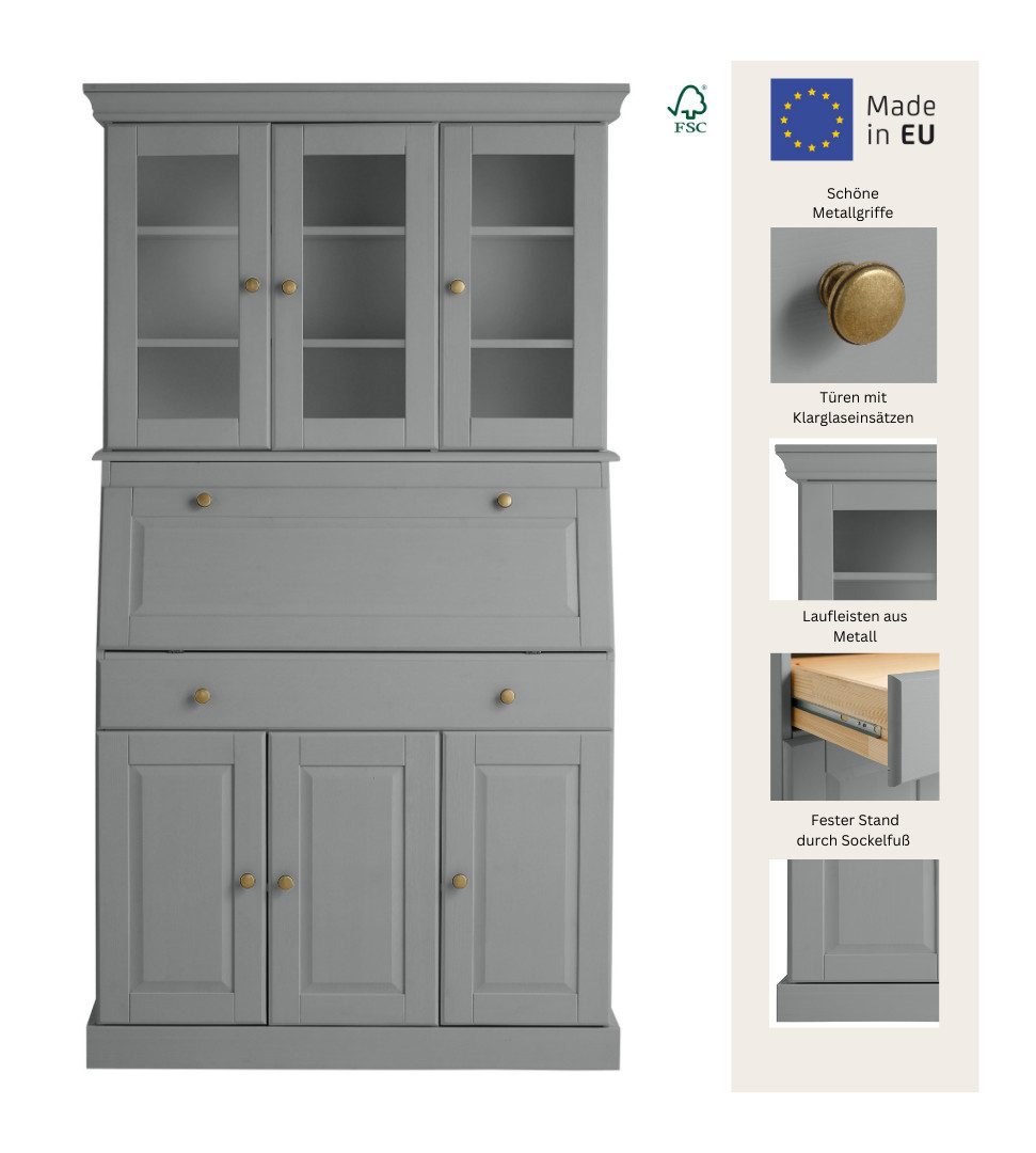 OTTO home Sekretär Rosi im Landhausstil, Schreibtisch aus Massivholz, mit Vitrine, in 2 Breiten