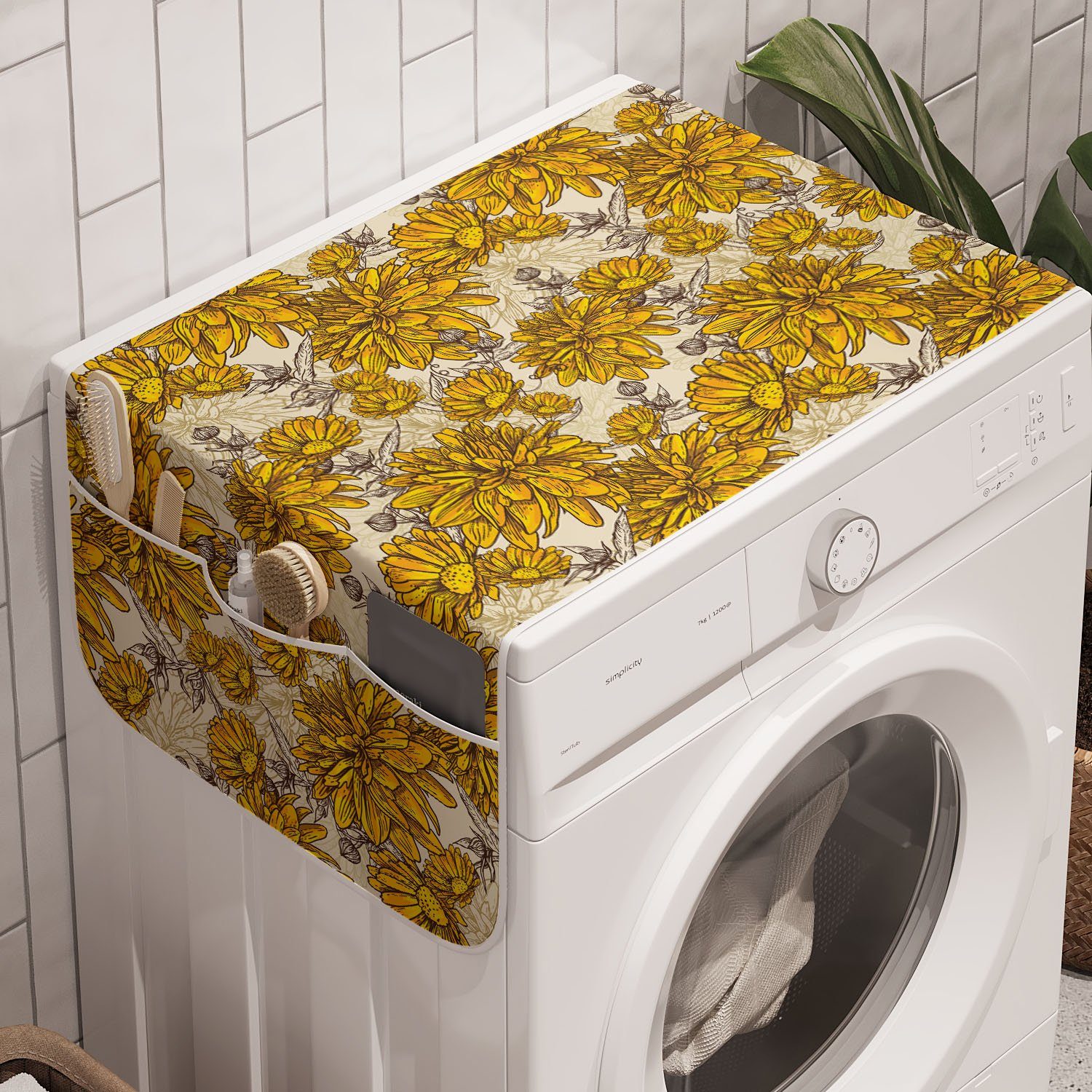 Abakuhaus Badorganizer Anti-Rutsch-Stoffabdeckung für Waschmaschine und Trockner, Blumen Vintage Blumenstrauß Botanik