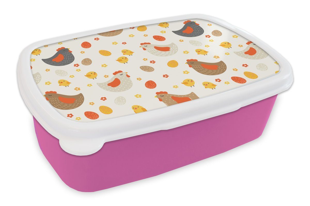 MuchoWow Lunchbox Huhn - Eier - Muster, Kunststoff, (2-tlg), Brotbox für Erwachsene, Brotdose Kinder, Snackbox, Mädchen, Kunststoff rosa