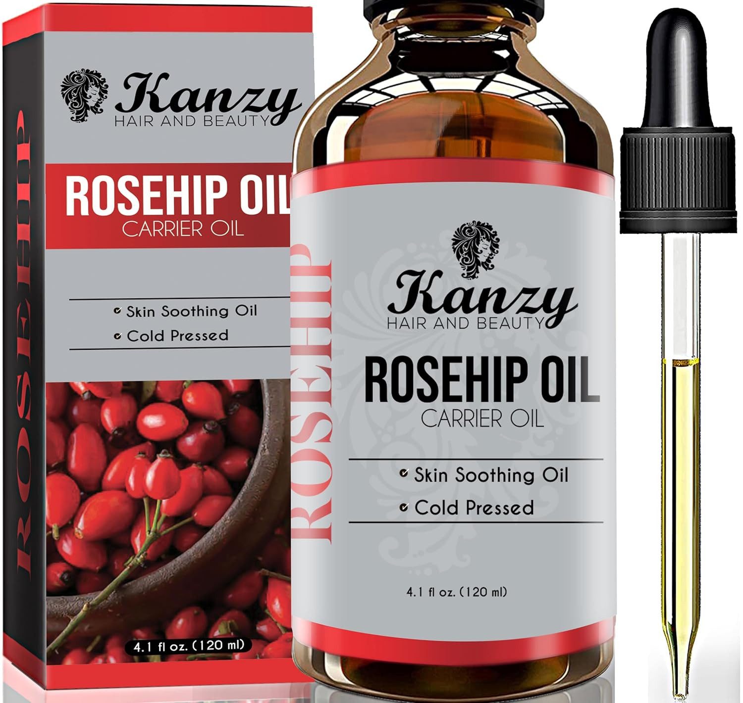 KANZY Körperöl Hagebuttenöl Kaltgepresst 100% Rein Vielseitig einsetzbar für Gesicht, Körper, Haare und Nägel, ohne Zusatzstoffe. Vegan und nicht raffiniert.