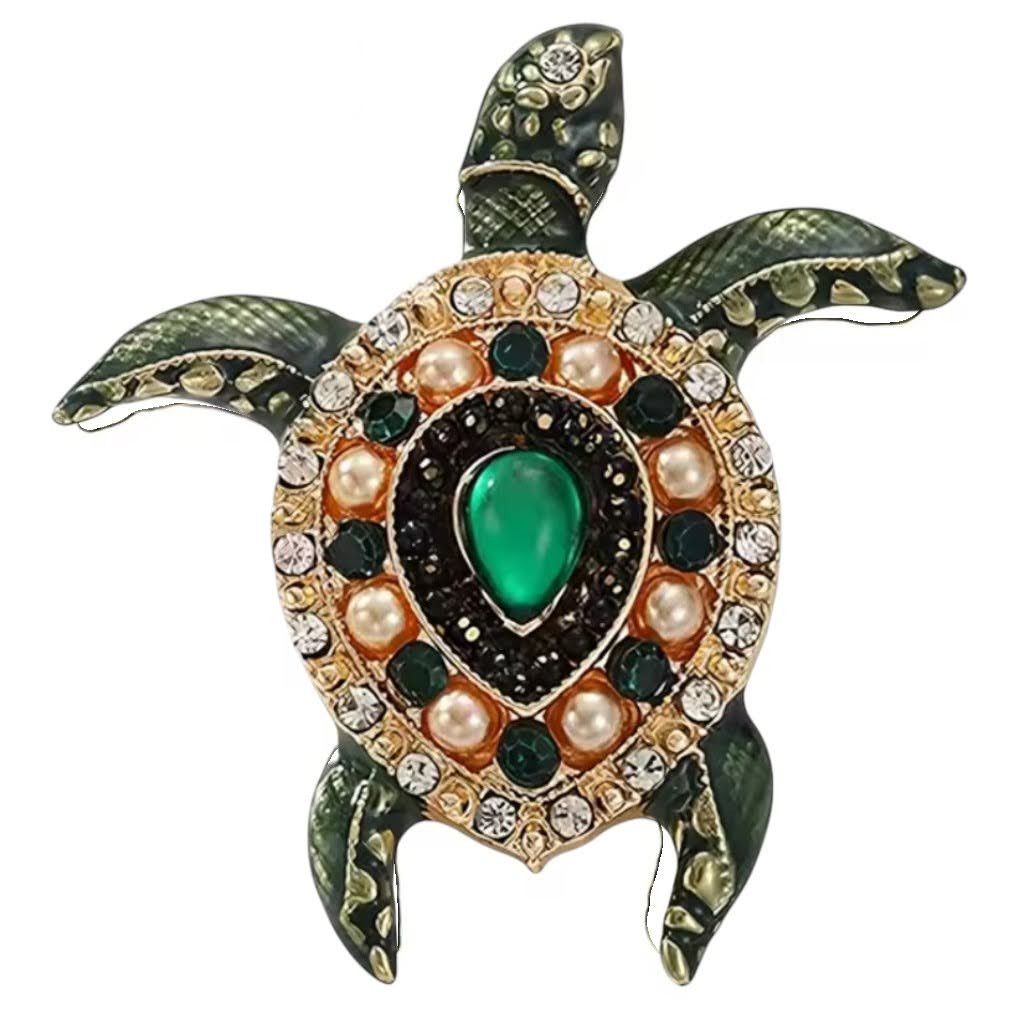 Dark-Desires Brosche Elegante Schildkröten-Brosche Grün mit grünem Stein und Kunstperlen, Damen Brosche vintage Accesssoire retro Anstecknadel