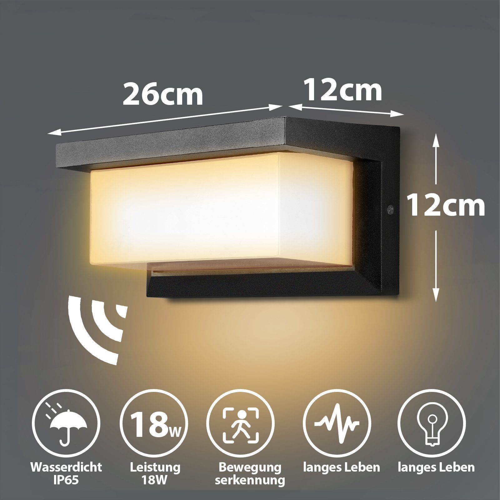 Wandlampe integriert, 18W Wandleuchte LED LED Wandleuchte Wandstrahler Lospitch Wandleuchte fest Warmweiß, IP65, Sensor LED