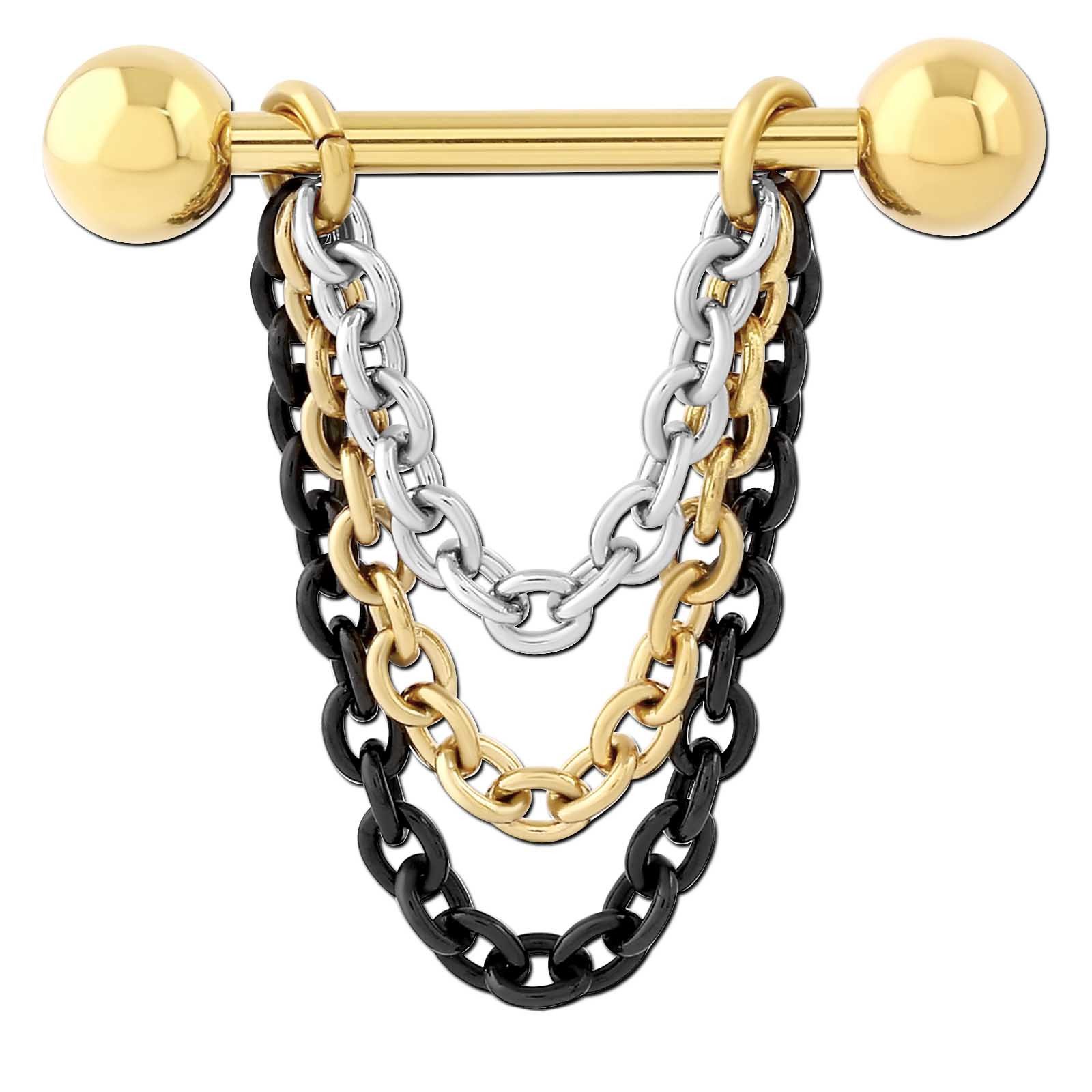 viva-adorno Brustwarzenpiercing Nippelpiercing Brust Barbell Piercing 3-fach Kette Kettchen Anhänger, Dreifarbig Gold Silber Schwarz