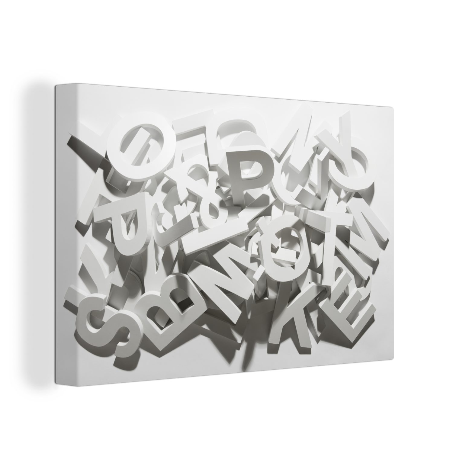 30x20 cm Leinwandbild weißer Wandbild aus Alphabet, (1 Wanddeko, verschiedener dem Blockbuchstaben Stapel Leinwandbilder, OneMillionCanvasses® Aufhängefertig, St), Ein