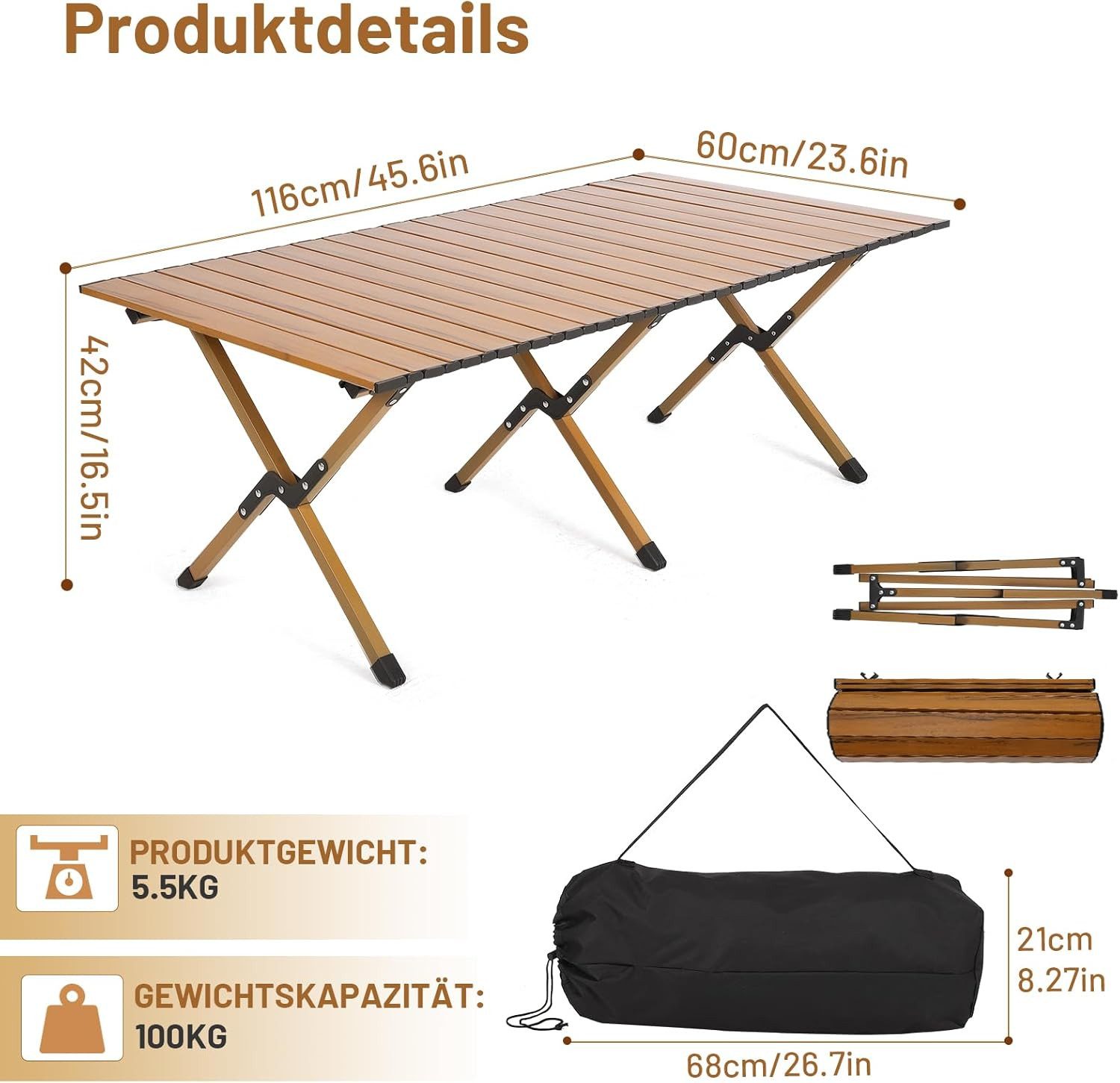 GarveeMore Campingtisch Klappbar Tragbar,Klapptisch Belastbar 100kg,116x60c günstig online kaufen