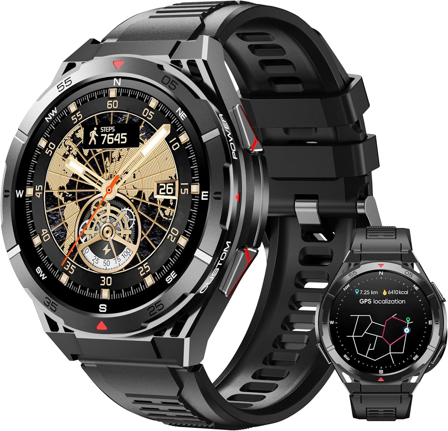 OUKITEL Herren's GPS - 5ATM Wasserdicht Militär Fitnessuhr Smartwatch (1,43 Zoll, Android/iOS), Kompass Luftdruck, 480mAh Akku 100+ Sportmodi, mit AMOLED Display Herzfrequenz Oxymetrie Schlafüberwachung