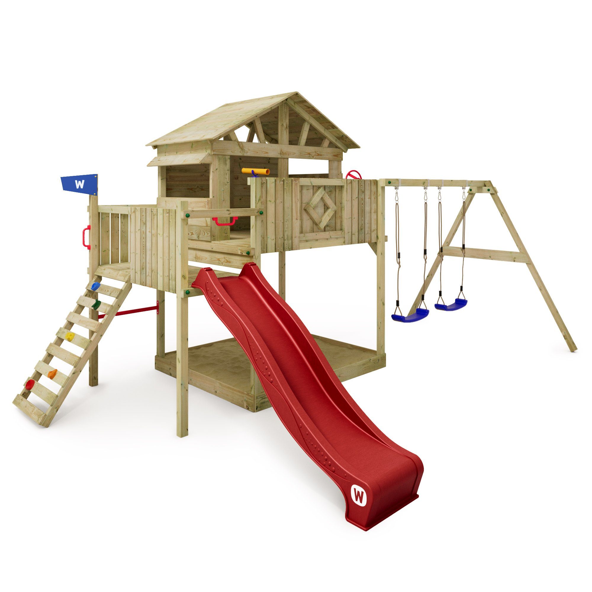 Wickey Klettergerüst Spielturm Smart Peak mit Rutsche und großem Spielhaus, 10 Jahre Garantie*, Integrierter Sandkasten rot