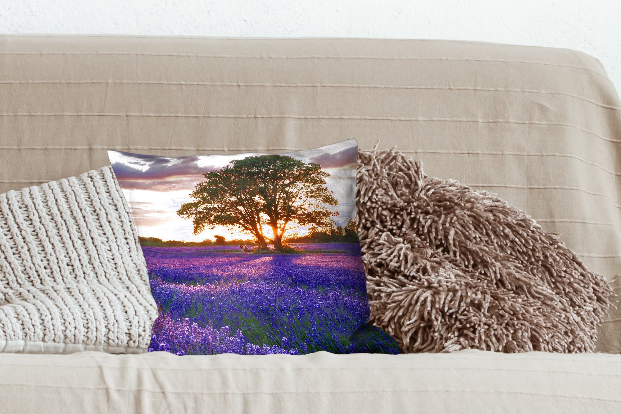 England Lavendelfelder Wohzimmer, in Sonnenuntergang, Sofakissen für MuchoWow Füllung Schlafzimmer, mit Zierkissen Deko, bei Dekokissen