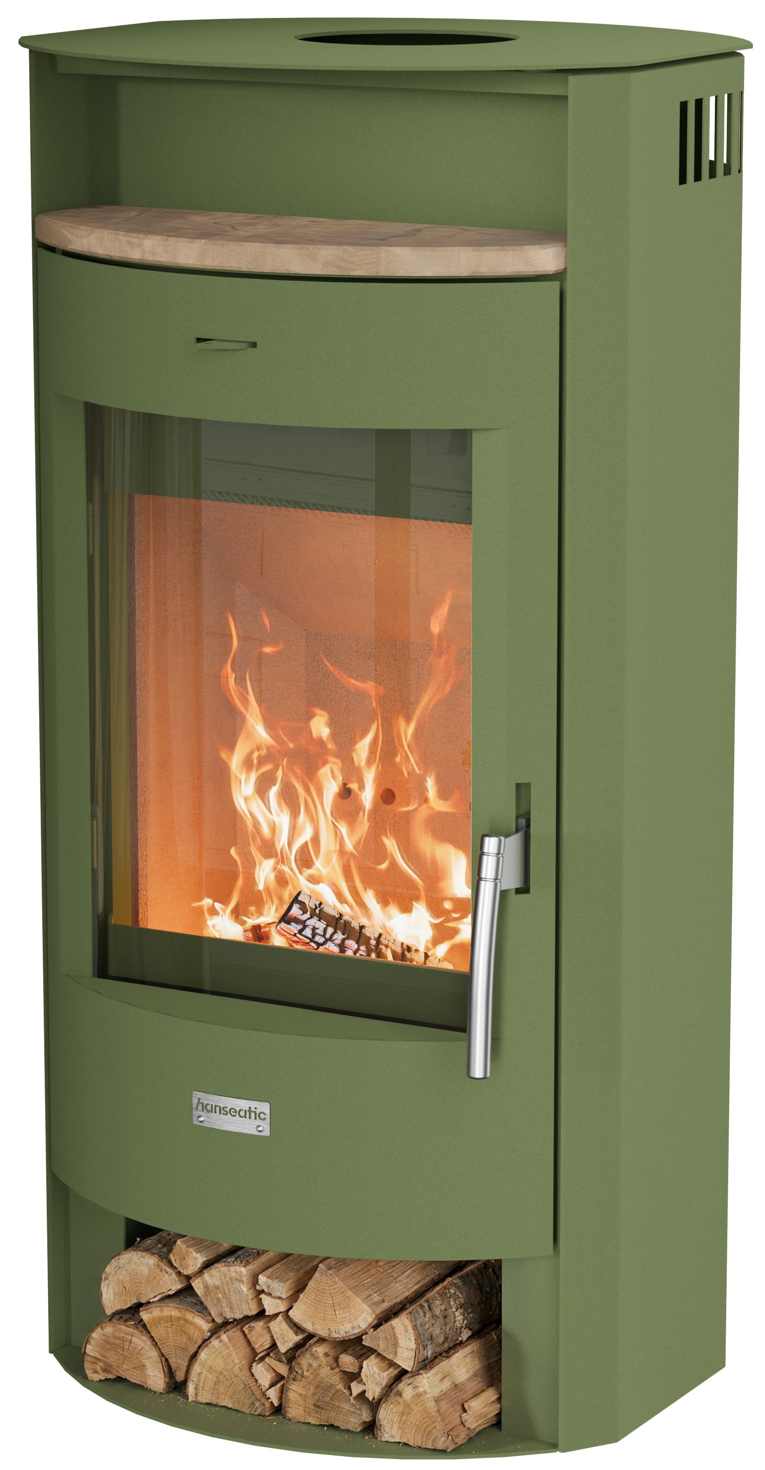 Hanseatic Kaminofen MAIA Stahl salbeigrün, Trendfarbe! Lieferung bis ins Wohnzimmer, 6,2 kW, Zeitbrand, NEU und Exklusiv