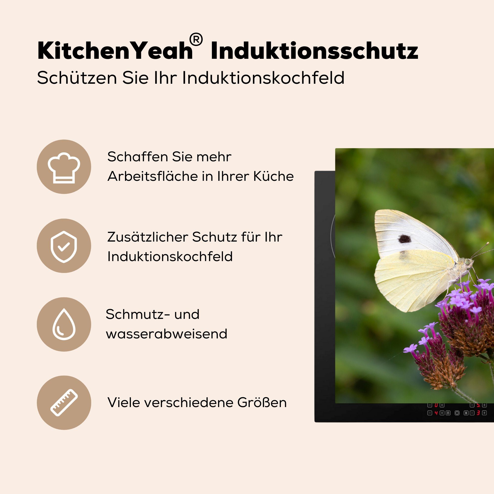 lila (1 Herdblende-/Abdeckplatte Ceranfeldabdeckung, Blüten, Arbeitsplatte für auf küche 78x78 tlg), Kohlweißling cm, MuchoWow kleinen Vinyl,