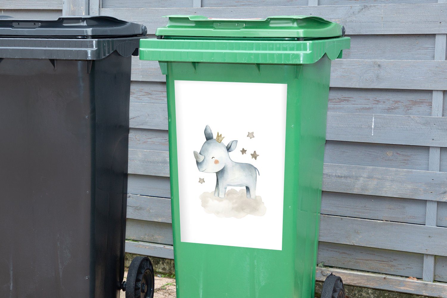 St), Kinder Rhinozeros MuchoWow - Abfalbehälter Sticker, - Container, (1 Mülltonne, Mülleimer-aufkleber, Wandsticker Tiere