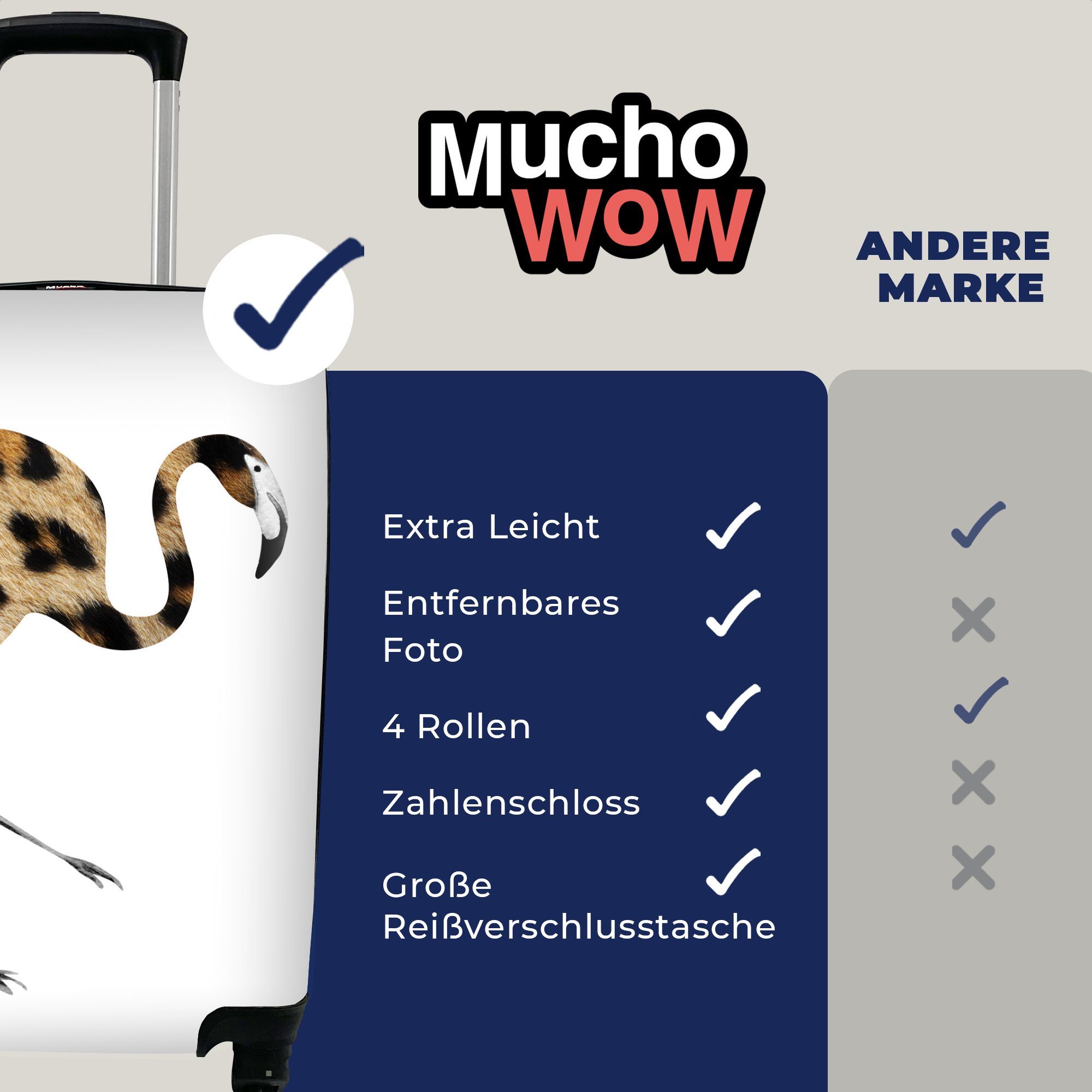 MuchoWow Handgepäckkoffer Flamingo - Pantherdruck - Trolley, Reisekoffer Reisetasche Ferien, 4 Rollen, mit rollen, für Tier, Handgepäck