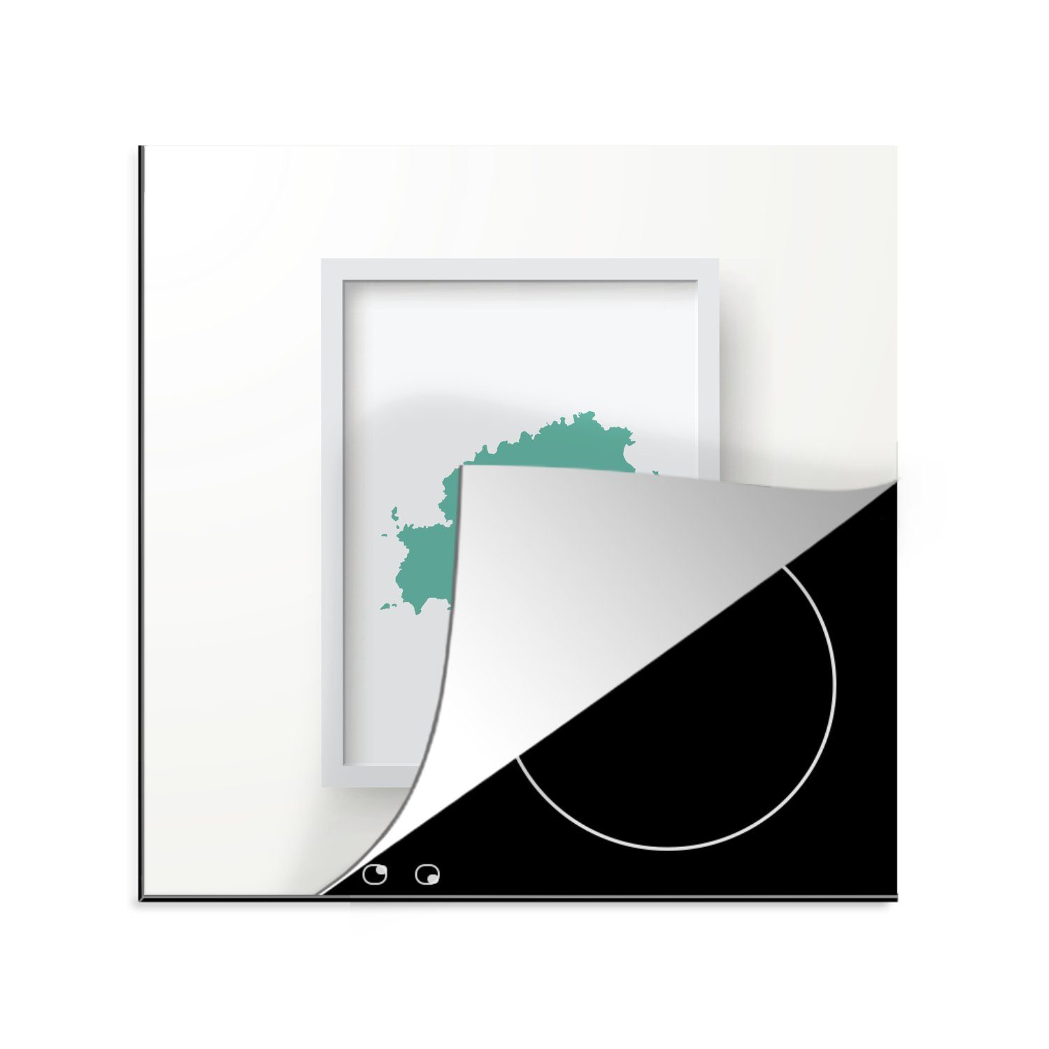 MuchoWow Herdblende-/Abdeckplatte Eine Illustration einer hellgrünen Karte von Ibiza, Vinyl, (1 tlg), 78x78 cm, Ceranfeldabdeckung, Arbeitsplatte für küche