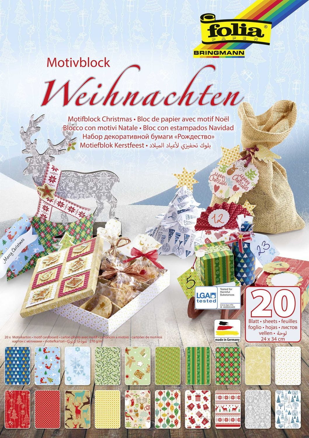Folia Bastelkartonpapier Folia Motivkartonblock WEIHNACHTEN III, 24x34cm, 20 Blatt
