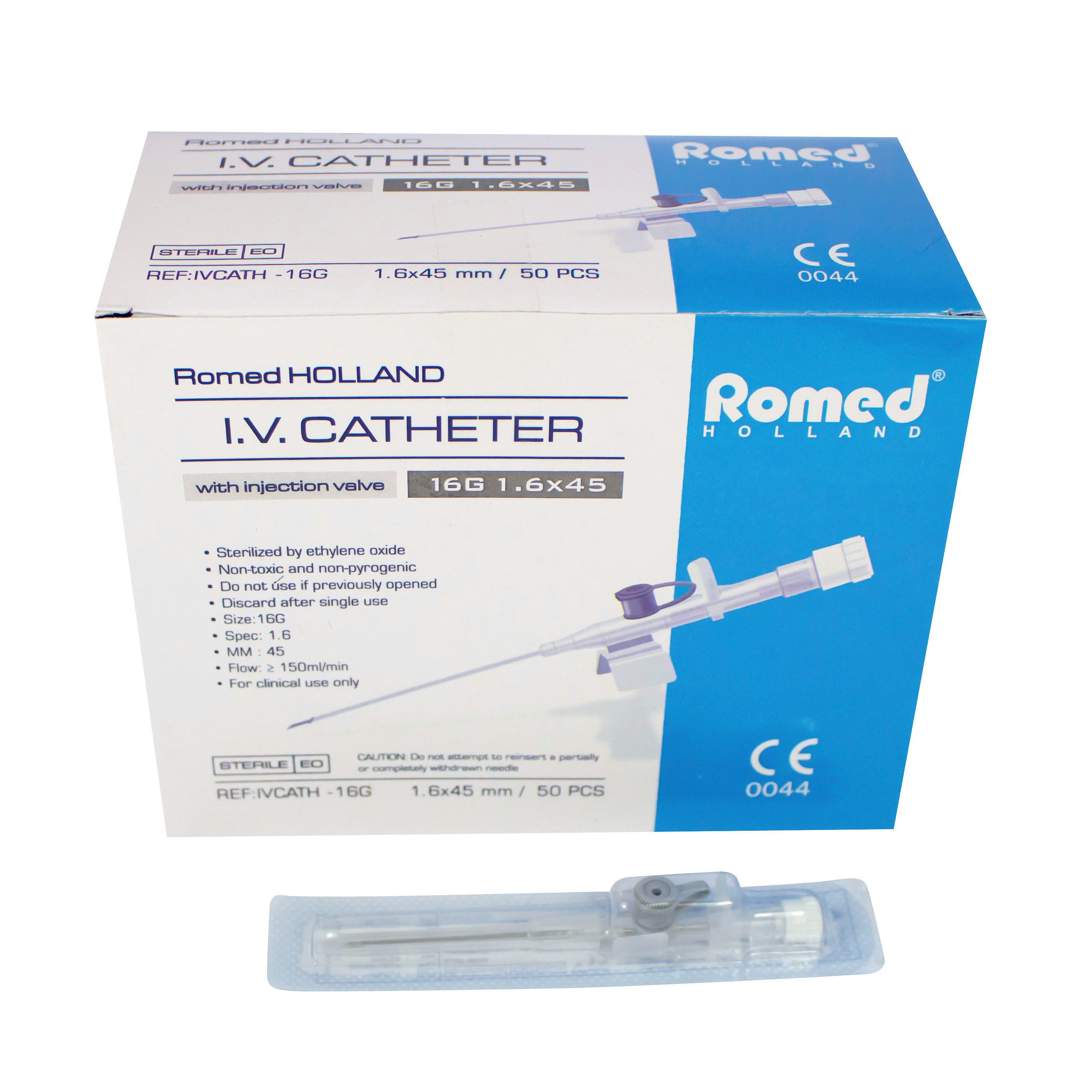 Romed Einwegspritze I.V. Katheter Venenverweilkanülen, steril, (Packung, 50-St), 16G grau, 1,7 x 45 mm, ca. 180 ml/min, einzeln steril