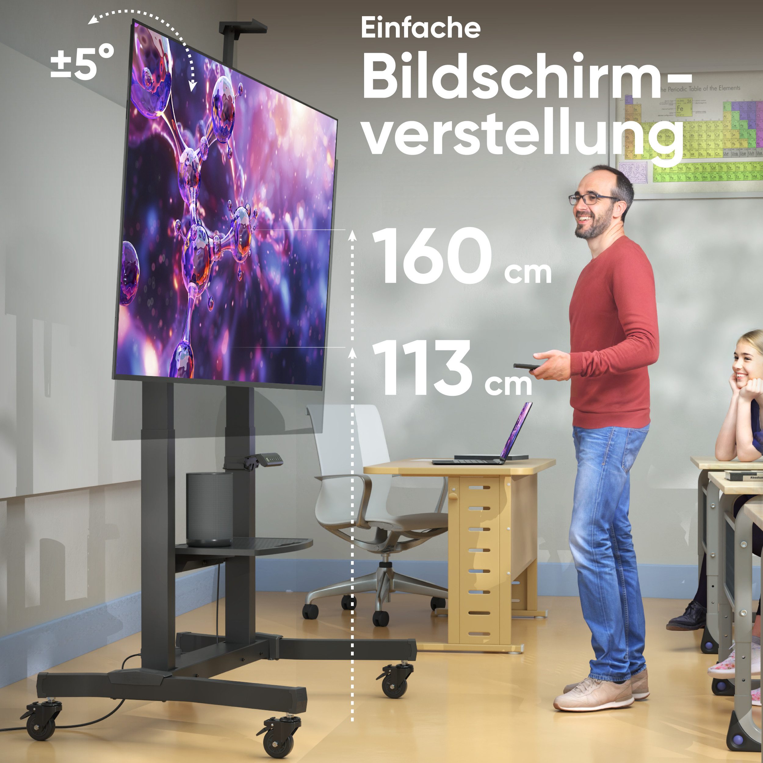 ONKRON TV-Ständer 50-100 Zoll, bis 120 kg, VESA 200x200-1000x600, TS1991E-B, (bis 100,00 Zoll, TV Ständer mit Motor, TV Ständer, elektrisch höhenverstellbar, rollbar, mit Ablage, Kabelmanagement)