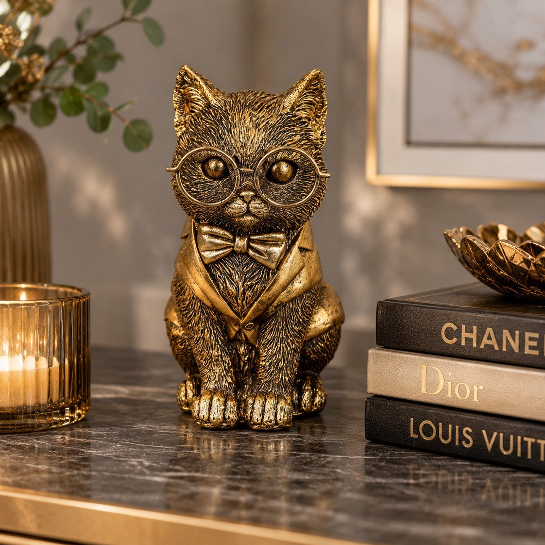 MF Tierfigur Dekofigur Katze Bravino Gold mit Brille 16,5cm (1 St)