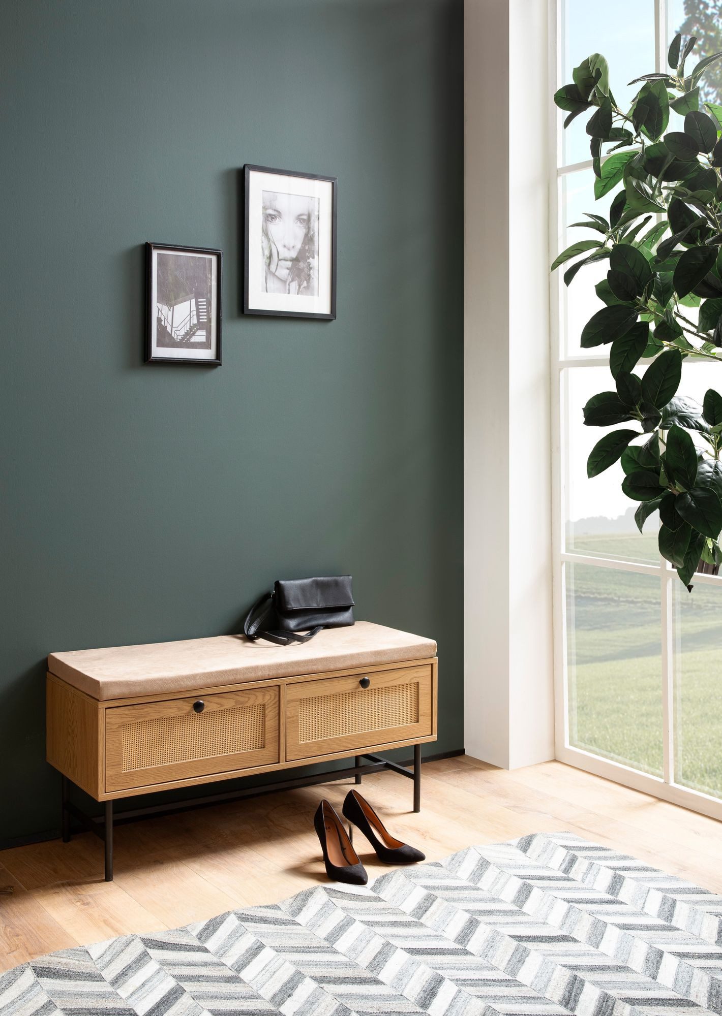 FINEBUY Schuhbank FB104622 Flurbank 100 cm Sitzbank Rattan Schuhregal Eiche günstig online kaufen