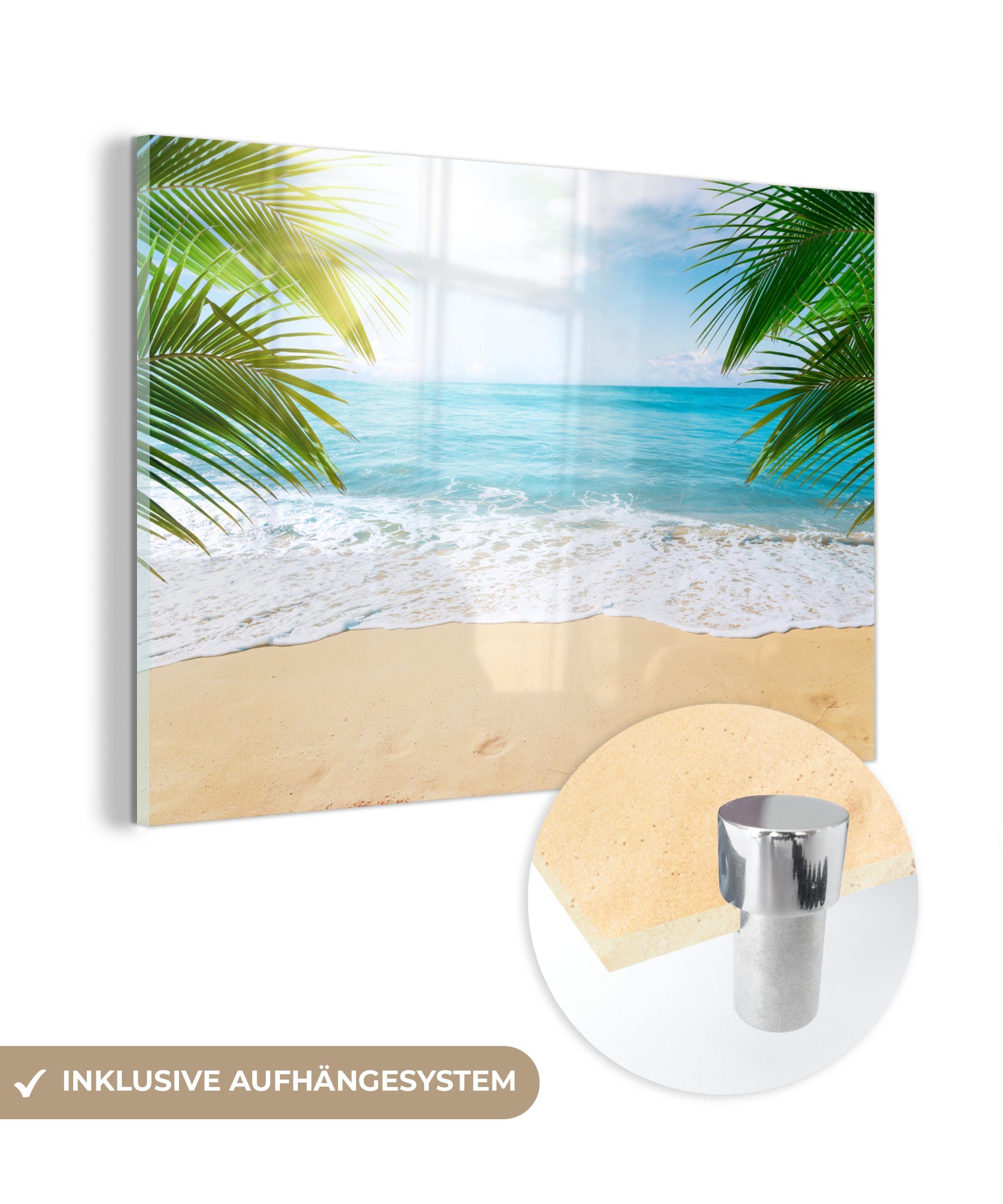 MuchoWow Acrylglasbild Strand - Sand - Meer - Palme, (1 St), Glasbilder - Bilder auf Glas Wandbild - Foto auf Glas - Wanddekoration