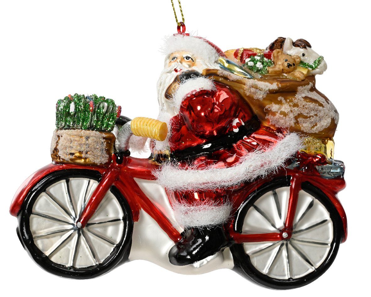 Decoris season decorations Christbaumschmuck, Christbaumschmuck Glas 14cm hängend Weihnachtsmann Rot Fahrrad 