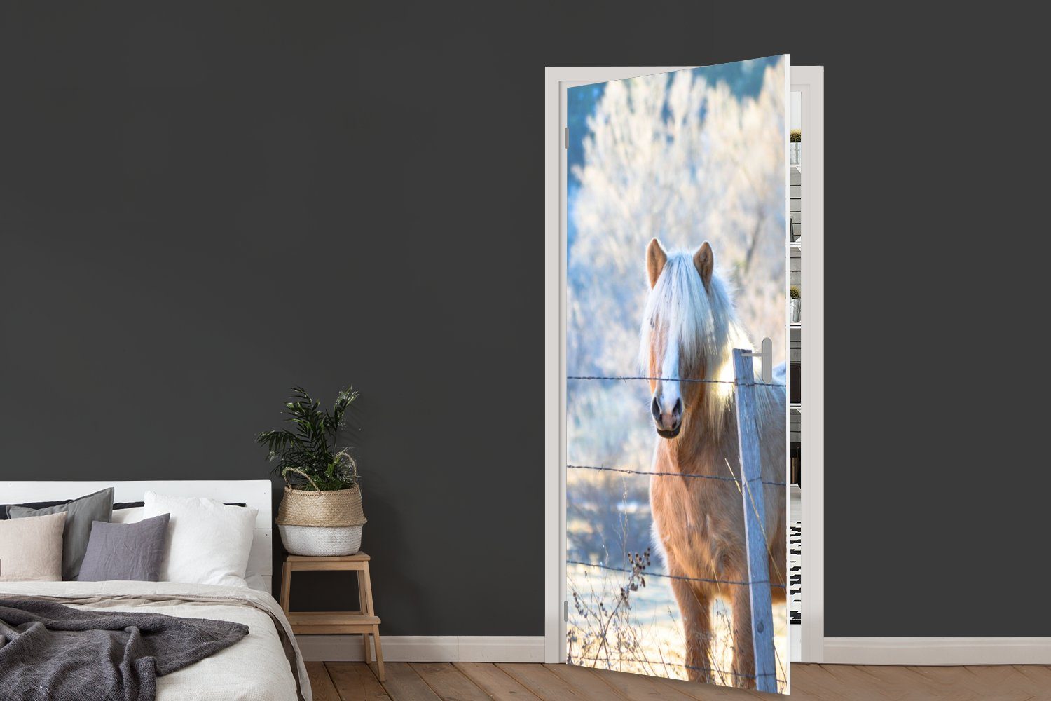 Türaufkleber, - Pferd Türtapete Tür, cm (1 für Winter - bedruckt, 75x205 Schnee, Fototapete MuchoWow Matt, St),