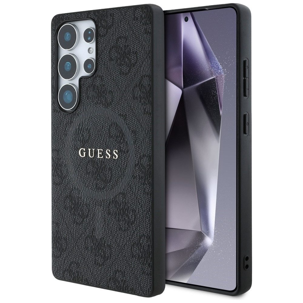 Guess Handyhülle Galaxy S25 Ultra Kunstleder grau MagSafe Logo goldfarben 6,9 Zoll, Kantenschutz