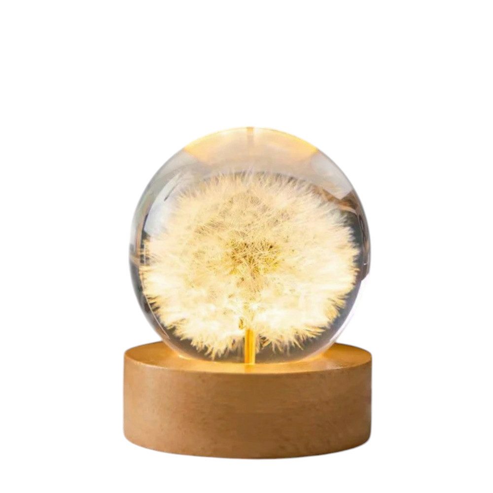 Little Lorien Nachtlicht Blume in kunstharz handwerk Kugel mit Holzsockel aus Buchenholz, Gelb
