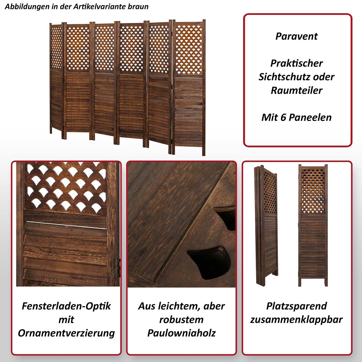 MCW Paravent MCW-A84-6, 6 Paneele, Standfest, Vielseitig verwendbar, Fensterladenoptik