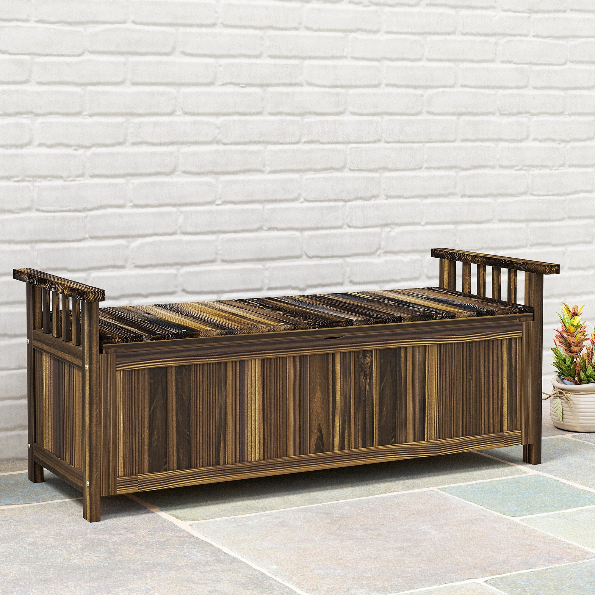 Outsunny Bank mit Stauraum, Armlehnen, 240kg belastbar (Gartenbank aus Holz, 1-St., 2-Sitzer Holzbank), für Balkon Terrasse, Garten, 128,5 x 56 x 53,5cm, Verkohlt