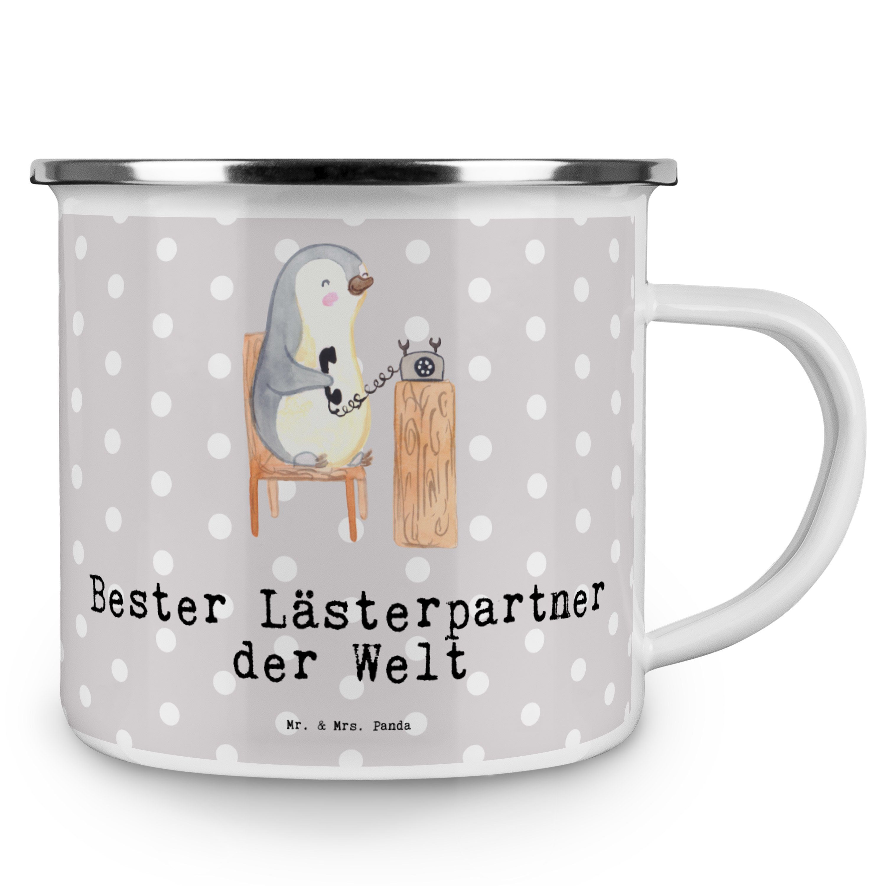 & - Freu, Mrs. Emaille Geschenk, Pinguin - Bester der Panda Mr. Lästerpartner Pastell Welt Becher Grau