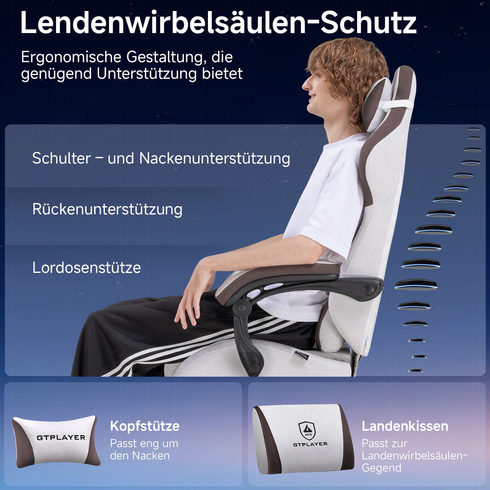 GTPLAYER Gaming-Stuhl Stoff Gaming Chair Ergonomisch Bürostuh PC Stuhl, 150kg Belastbarkeit, Schreibtischstuh mit Federsitzkissen und Fußstütze – Bild 2 von 5