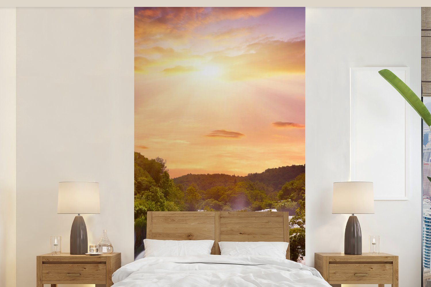 MuchoWow Fototapete Wasserfall - Landschaft - Sonne - Wolken - Sonnenuntergang, Matt, bedruckt, (2 St), Vliestapete für Wohnzimmer Schlafzimmer Küche, Fototapete