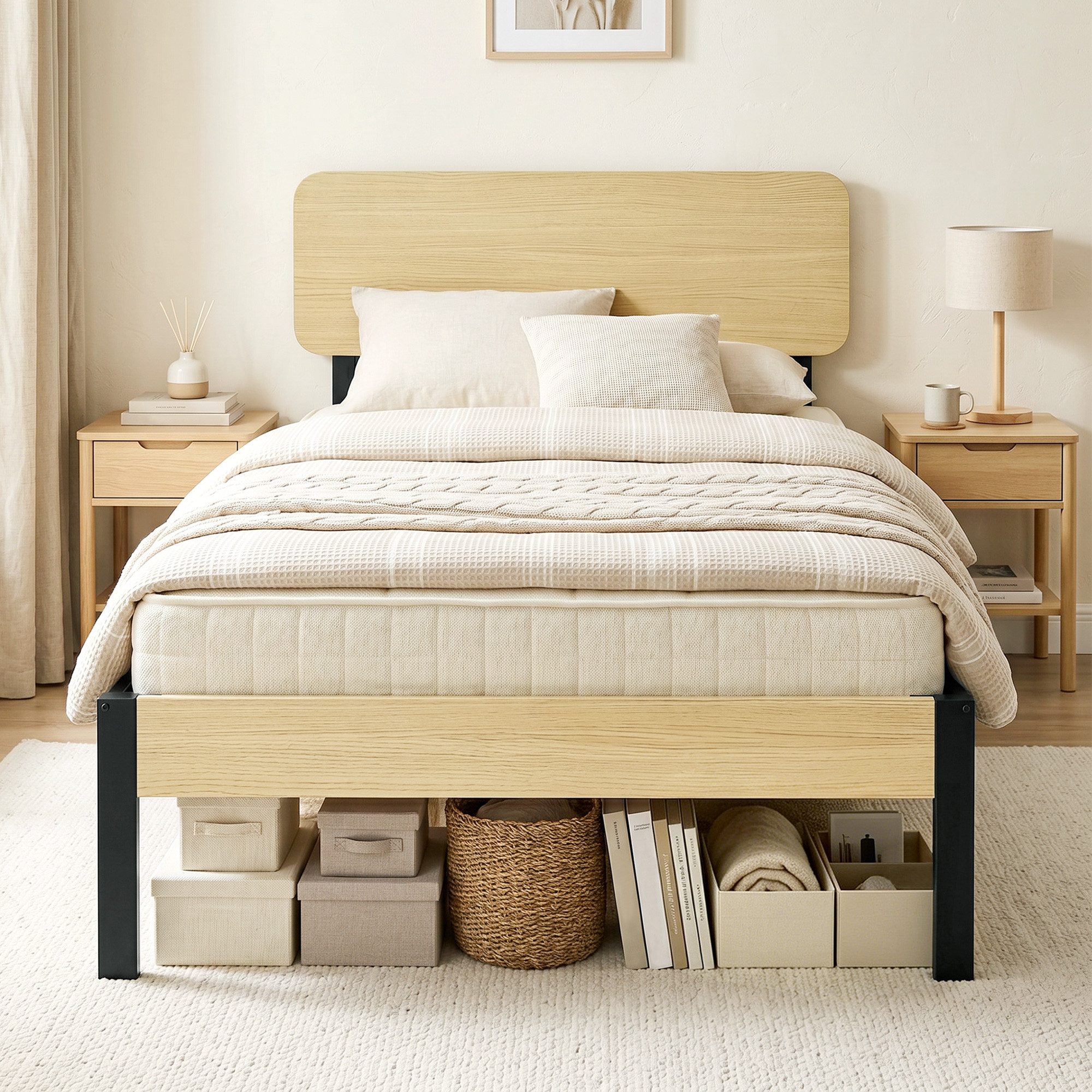 HOMCOM Bettgestell Bett 90 x 200 cm mit Kopfteil, Lattenrost, Unterbettaufbewahrung (Set, 1-tlg., Einzelbett), für Schlafzimmer, Gästezimmer, Natur