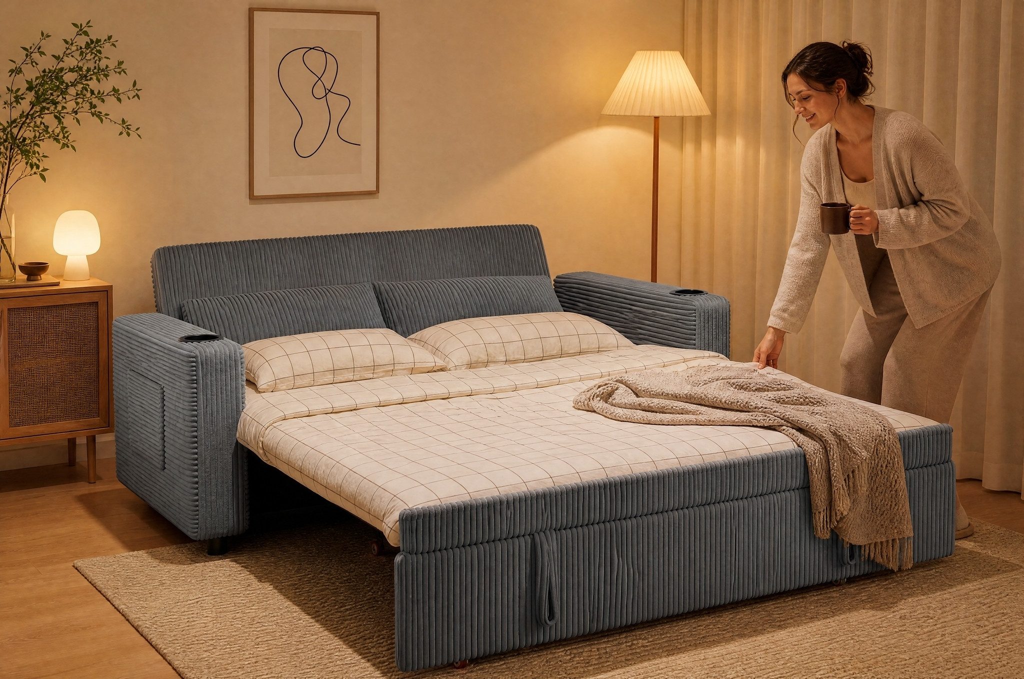 GUNJI Schlafsofa 2-Sitzer Ausziehbar Sofa,Modernes Edler Cord-Stoff, mit Unterbett,Getränkehalter,seitlicher Tasche und 2 Kissen – Bild 3 von 5