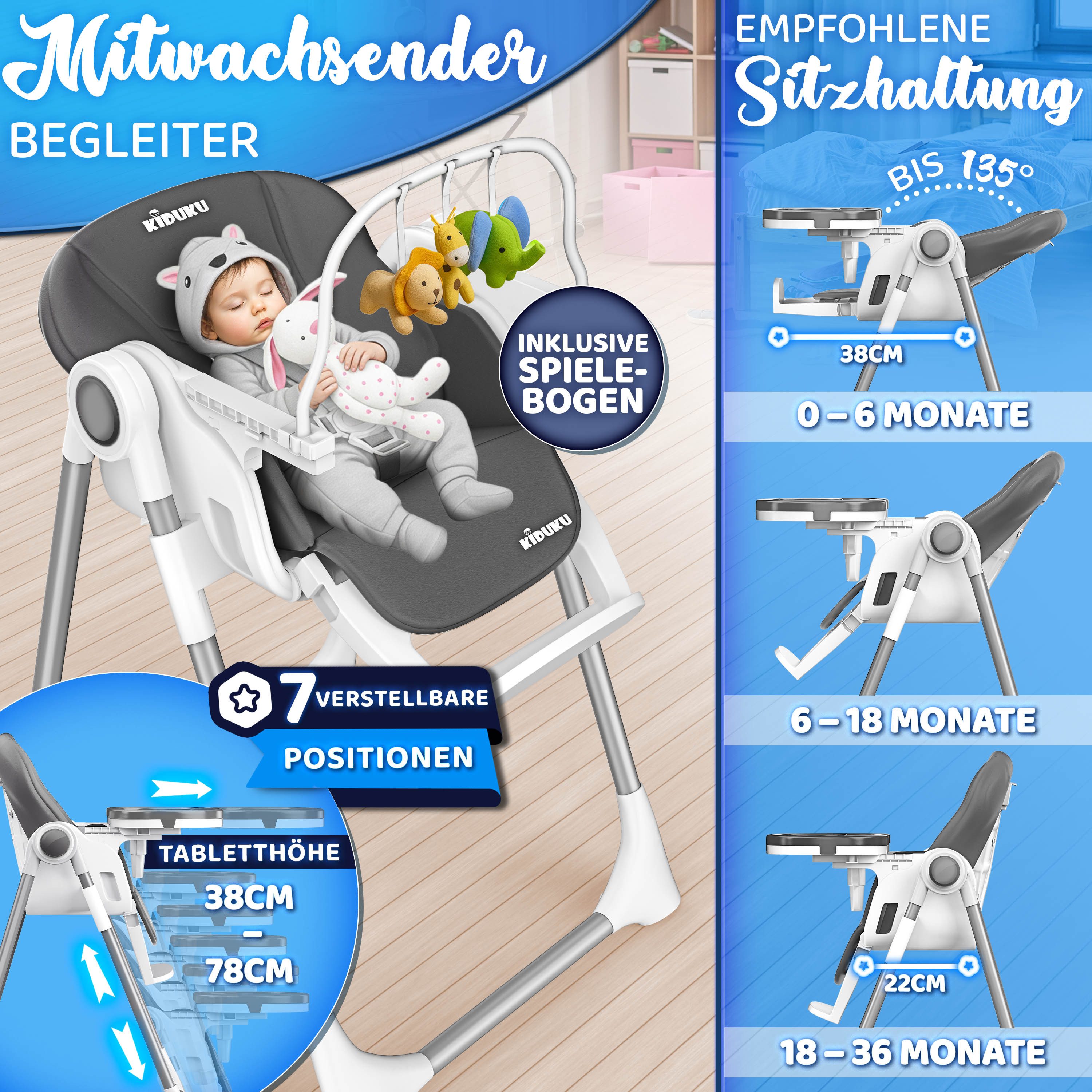 KIDUKU Hochstuhl Baby 3in1 mit Neugeborenenaufsatz + Lätzchen, Spielbogen ( günstig online kaufen