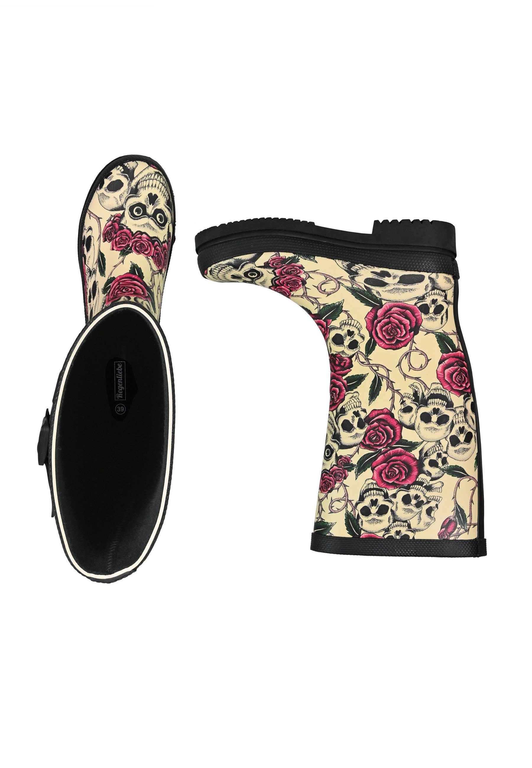 Regenliebe Ghost High Gummistiefel Langschaft Stiefel mit Totenköpfen und roten Rosen
