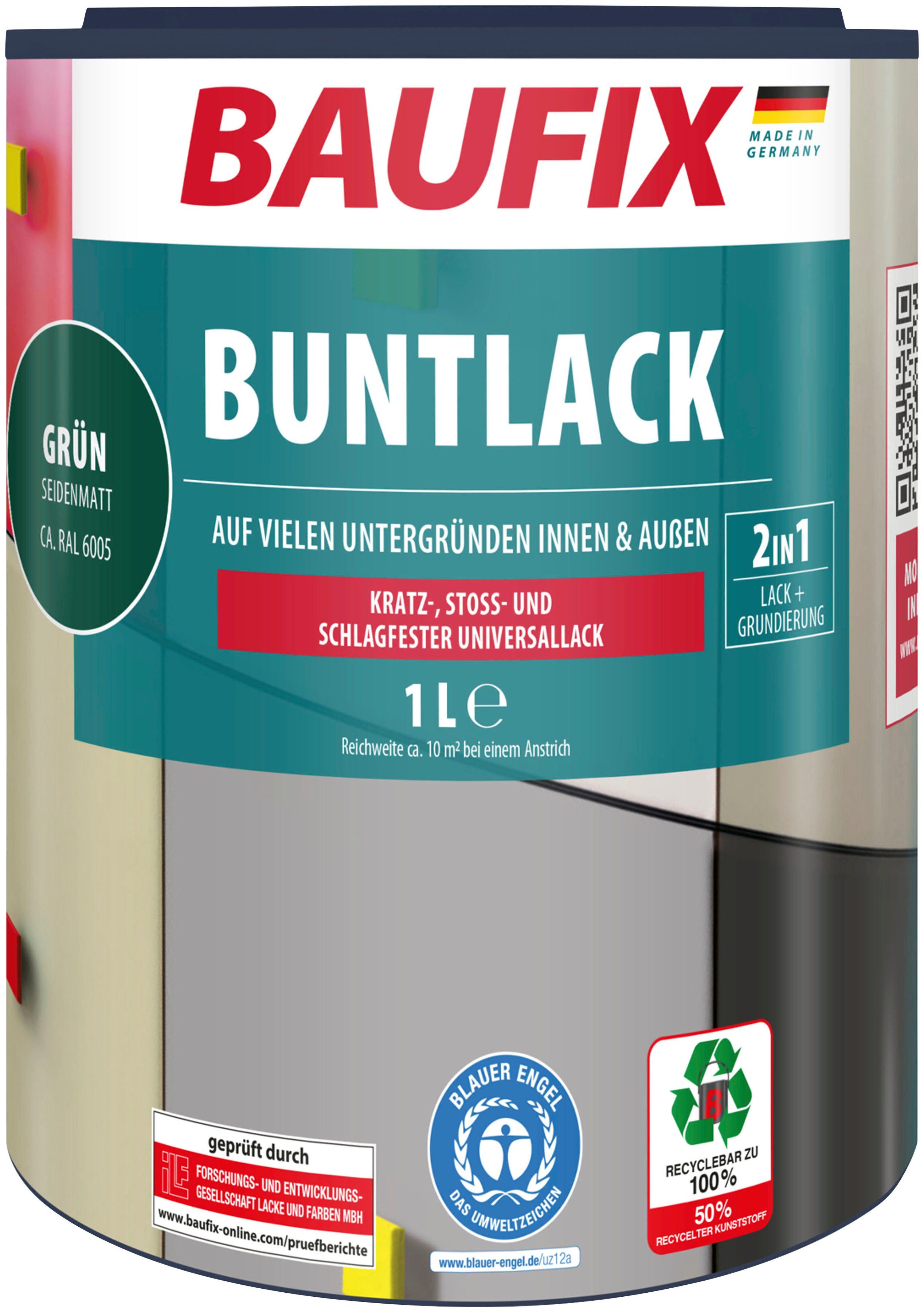 Baufix Lack Buntlack, schnell trocknend, wasserverdünnbar, 1L, seidenmatt grün | Lacke