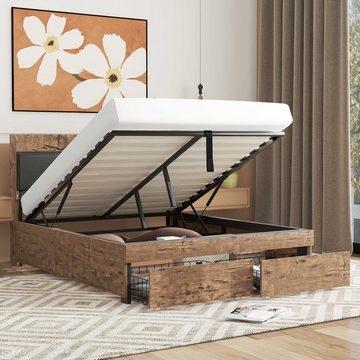 OKWISH Metallbett Hydraulikbett Doppelbett (140 x 200cm), mit Lattenrost ohne Matratze, mit Kopfteil, Leicht zusammenzubauen
