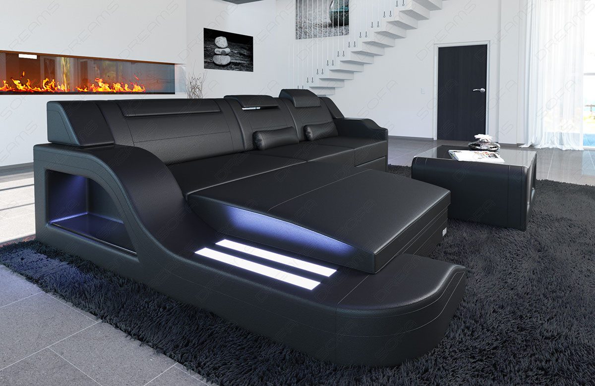 Sofa Dreams Ecksofa Ledersofa Palermo L Form Mini, Designersofa Couch, mit LED Licht & USB Anschluss
