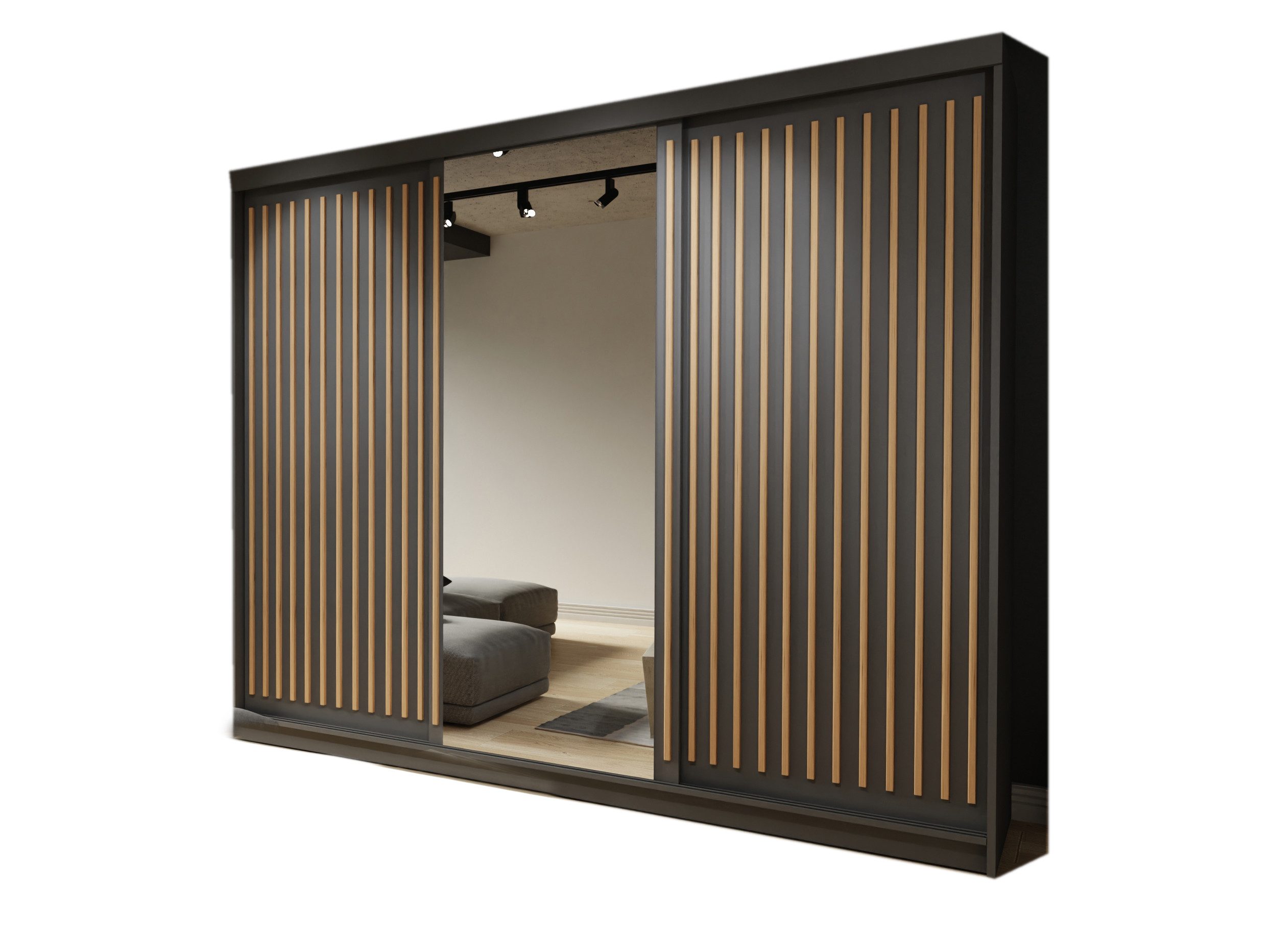 Compleo Schwebetürenschrank 250 cm breit, Kleiderschrank modern mit Lamellen ROY