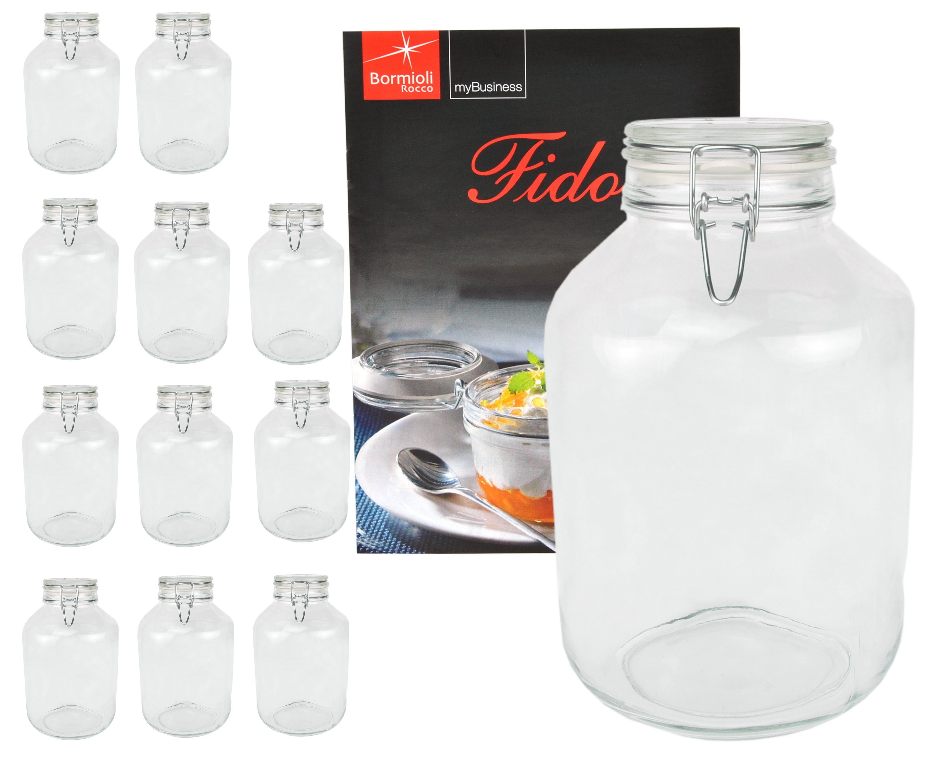 MamboCat Vorratsglas 12er Set Einmachglas Bügelverschluss Original Fido 5,0L Rezeptheft, Glas