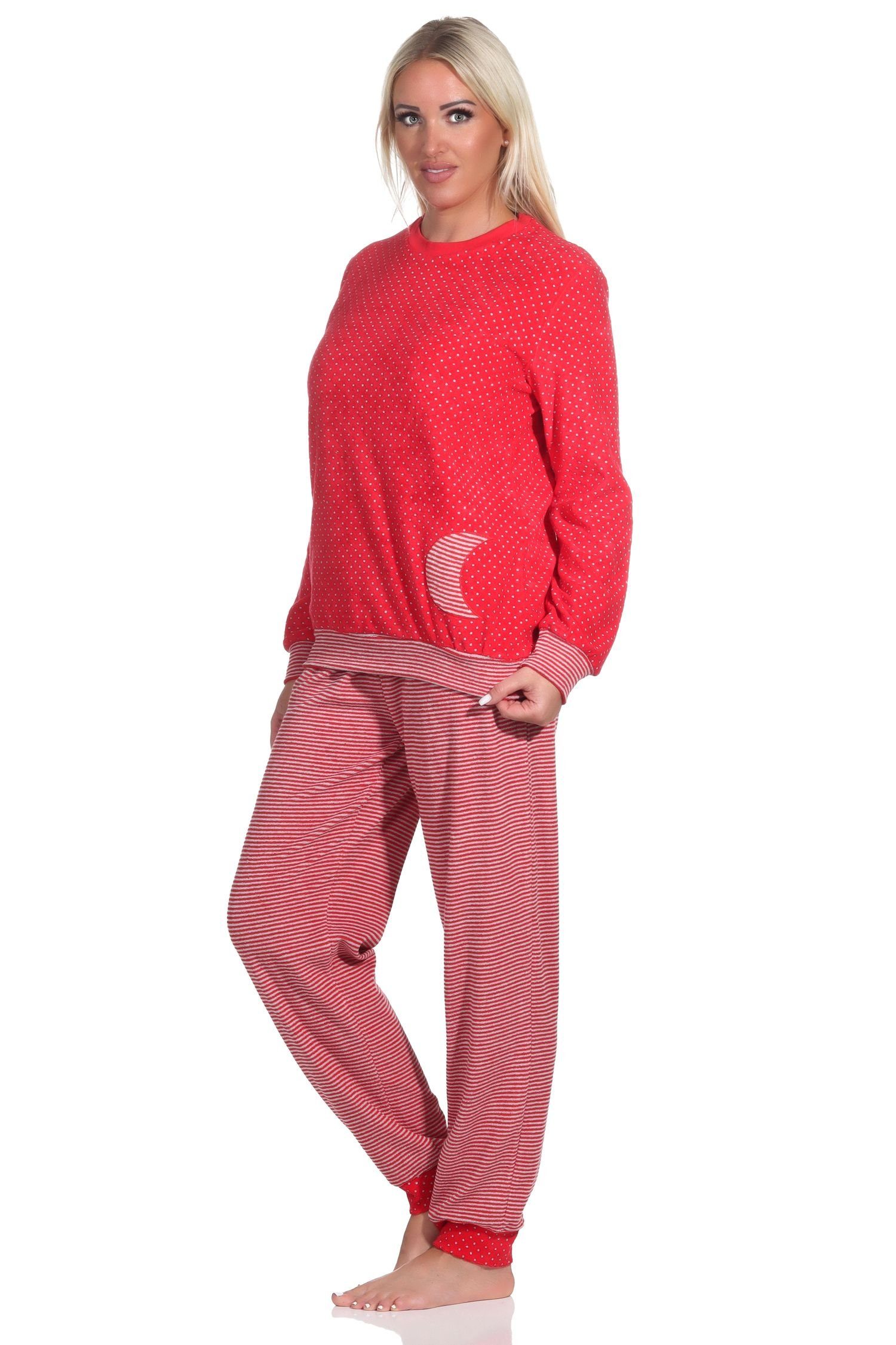 Damen Pyjama Tupfen- Frottee und Normann mit Pyjama Ringeldesign Bündchen Allover Herz im