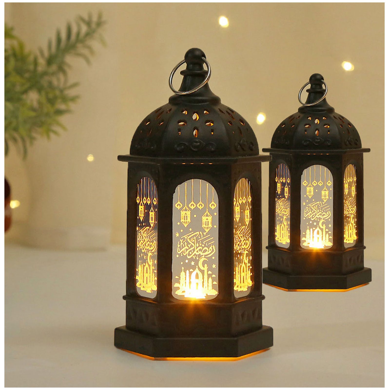 MUPOO Kerzenhalter Nachtlicht 2St. Eid Mubarak Laterne, Batterie, Ramadan Mond Stern Kerzen, Ramadan Dekoration Laterne Eid Mubarak für Ramadan Muslimische