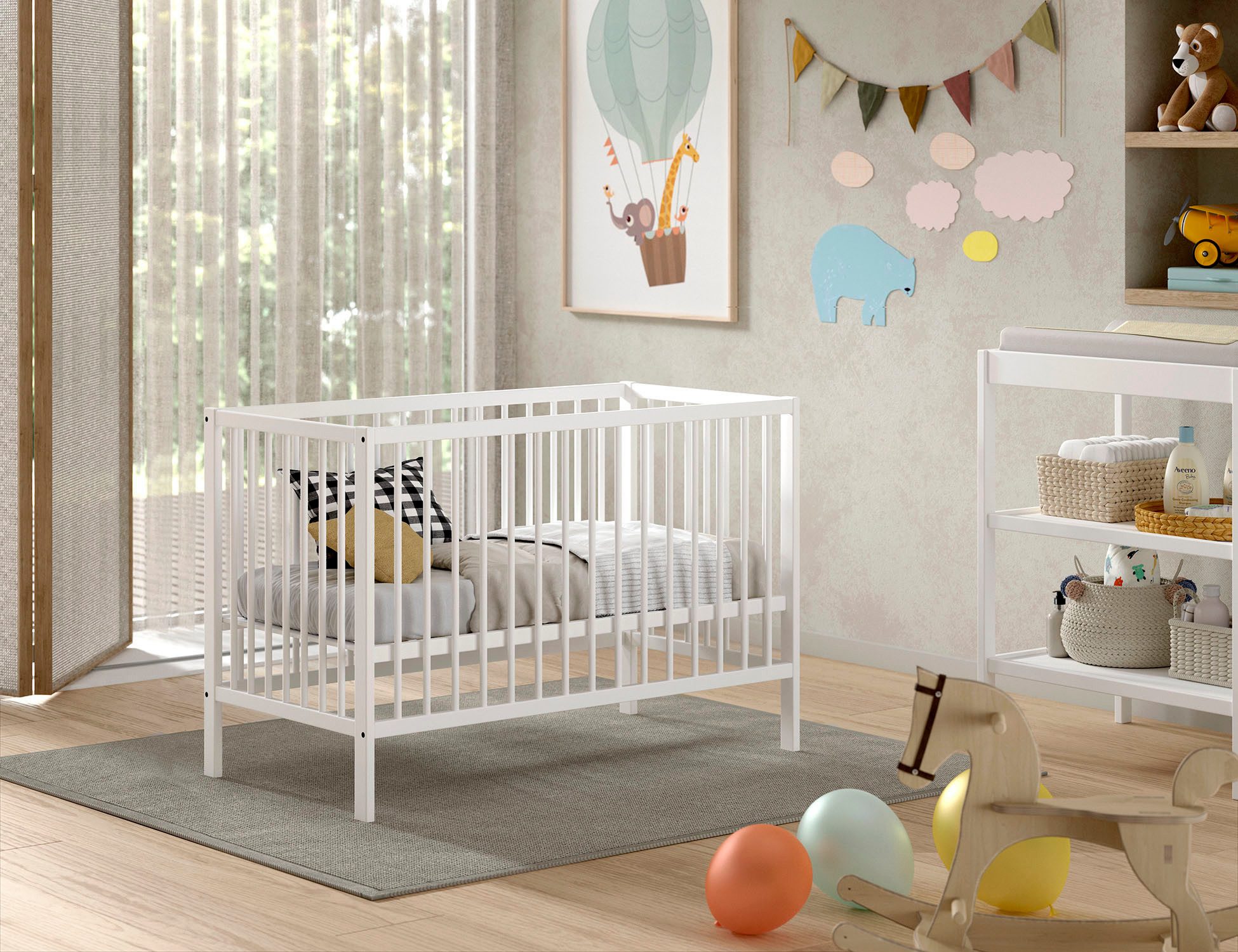 Vipack Babybett Dino 60/120 cm mit 3-fach verstellbarem Lattenrost, stabile Bauweise, Gitterbett aus massiver Buche, wahlweise in 3 Farben