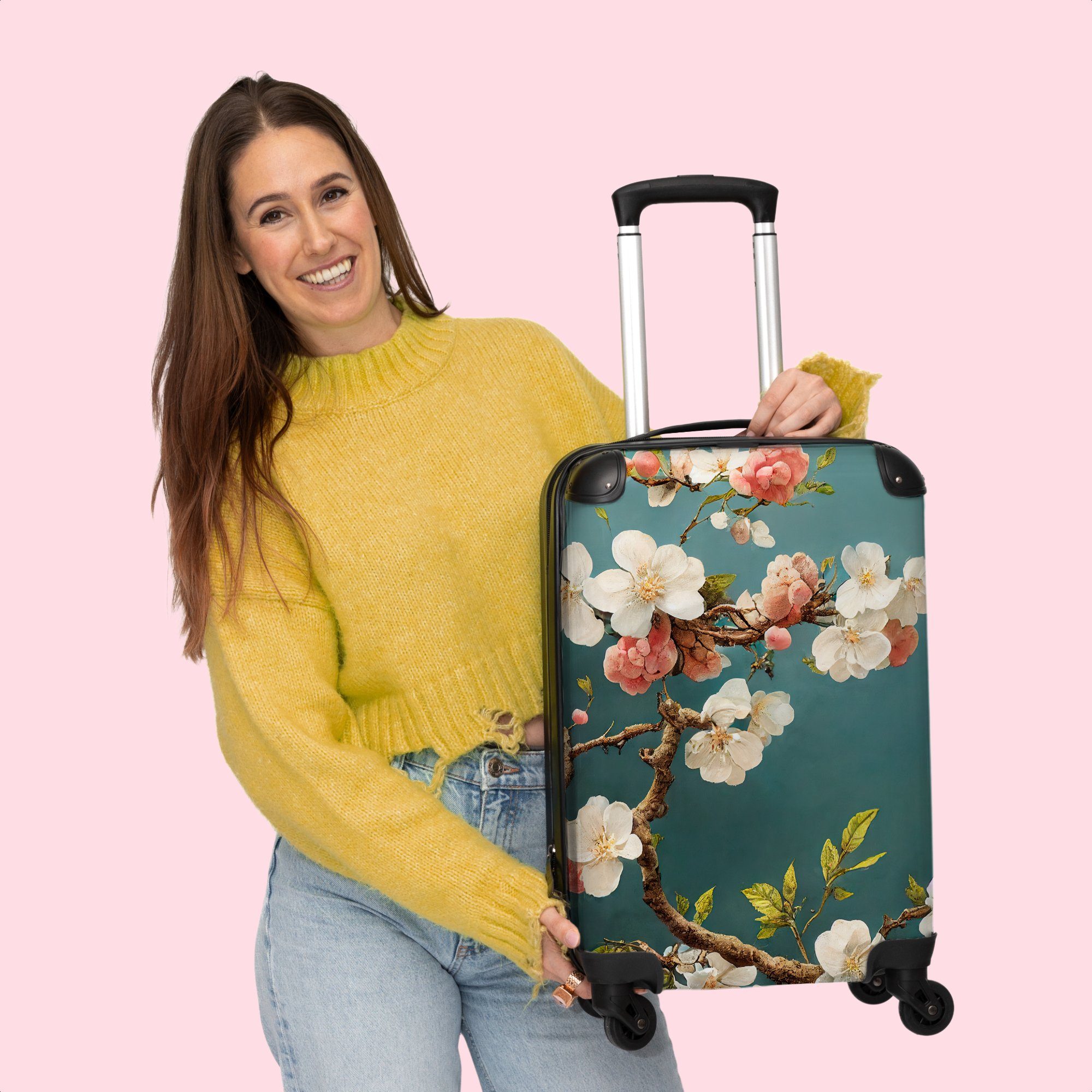 NoBoringSuitcases.com© - Rollkoffer Rollen, Rollen 4 55x35x20cm Trolley Kleine 4 Handgepäckkoffer - Zweig Blüte Kirsche Weiß, mit Reisekoffer - Cabin Blumen - Handgepäck -