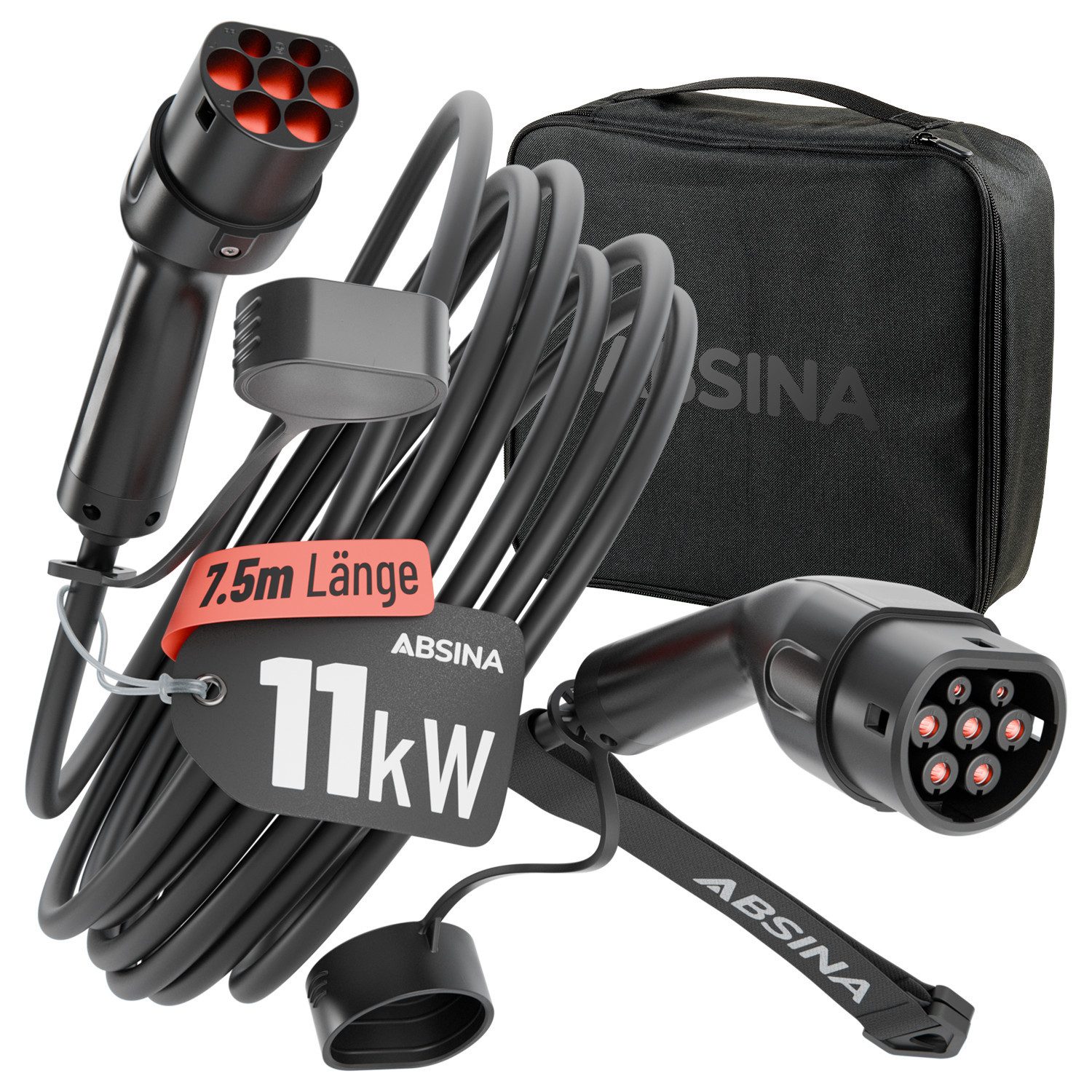 ABSINA Typ 2 Ladekabel 11kW 16A 7,5 Meter 3-phasig Mode 3 für E-Auto & Hybrid Elektroauto-Ladegerät (16000 mA, 1-tlg., 1 & 3 phasig, IP65 Zertifizierung, 10.000 Steckerzyklen)