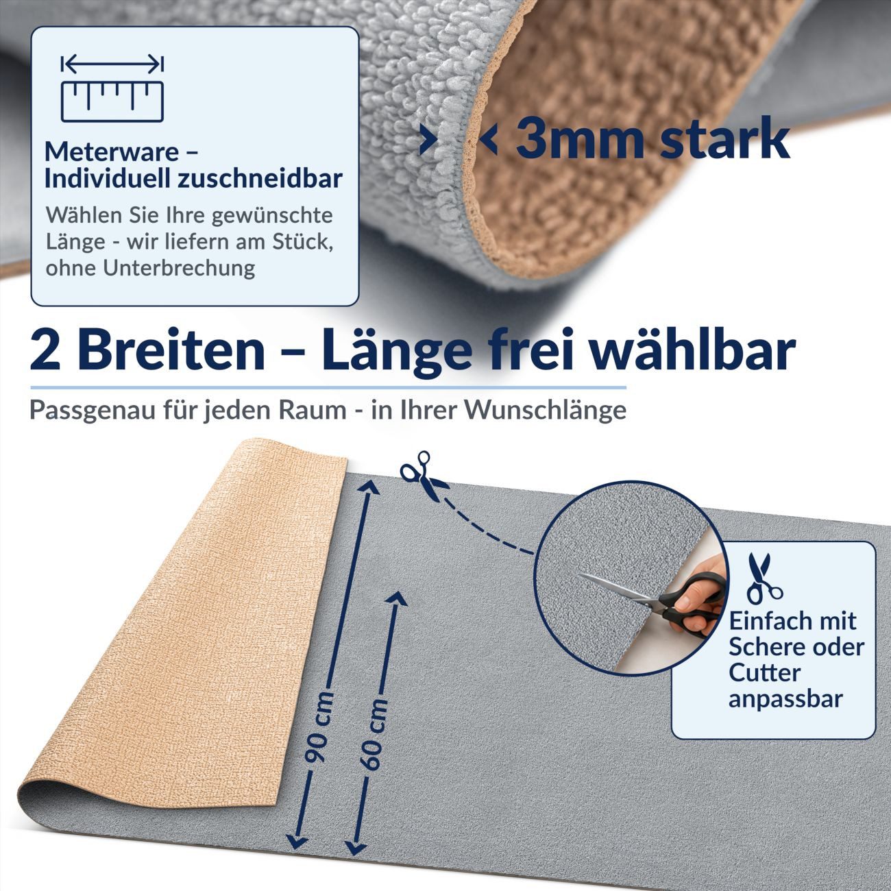 ANRO Küchenläufer HomeLoop Meterware Mikrofaser Küchenmatte rutschhemmender Rücken, Rechteckig, Höhe: 3 mm, saugstark zuschneidbar Größe: 100x60cm Einfarbig Grau