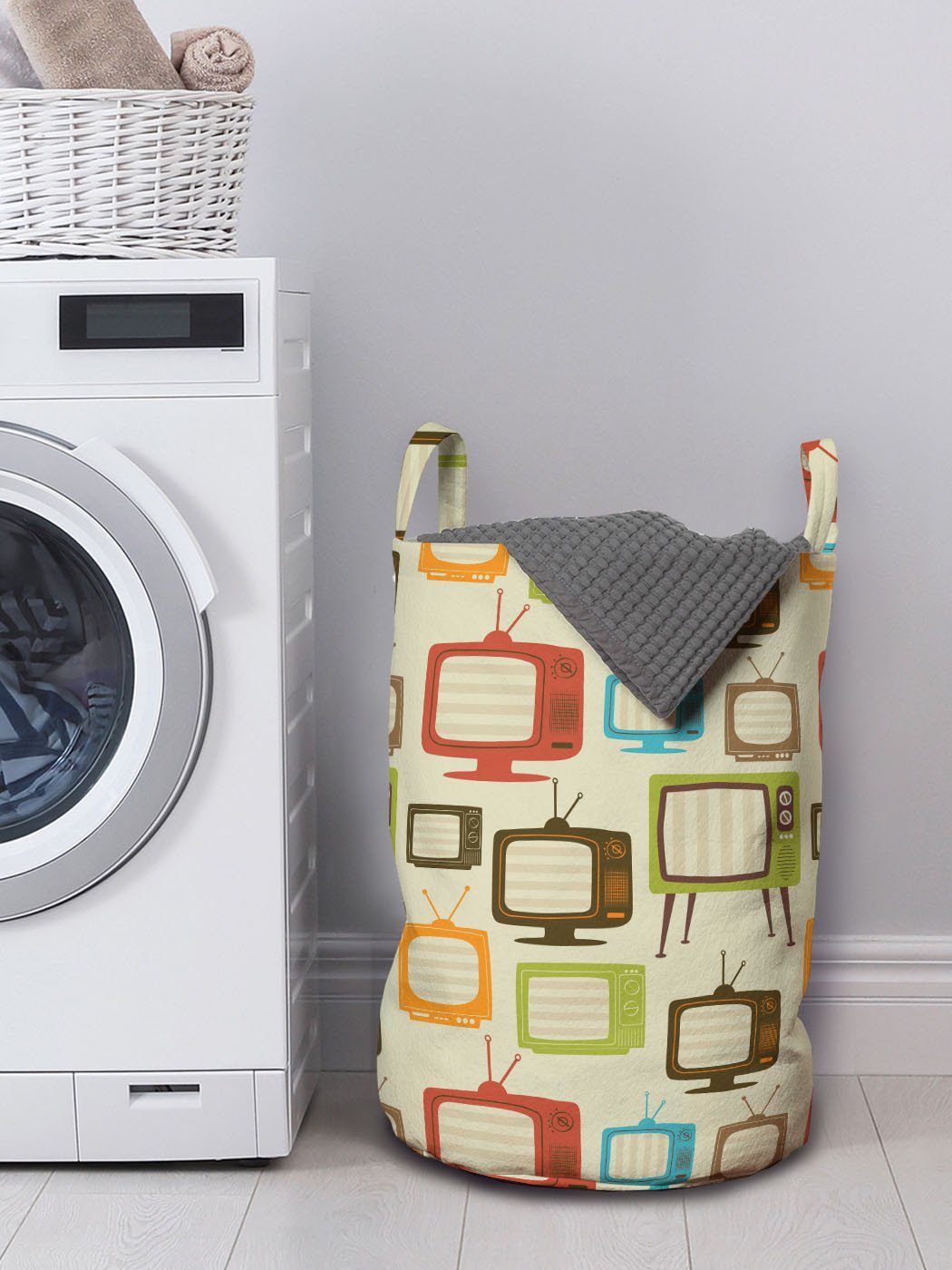 Griffen Abakuhaus mit Fernseher Wäschekorb Jahrgang Wäschesäckchen Waschsalons, Alter Retro Kordelzugverschluss für