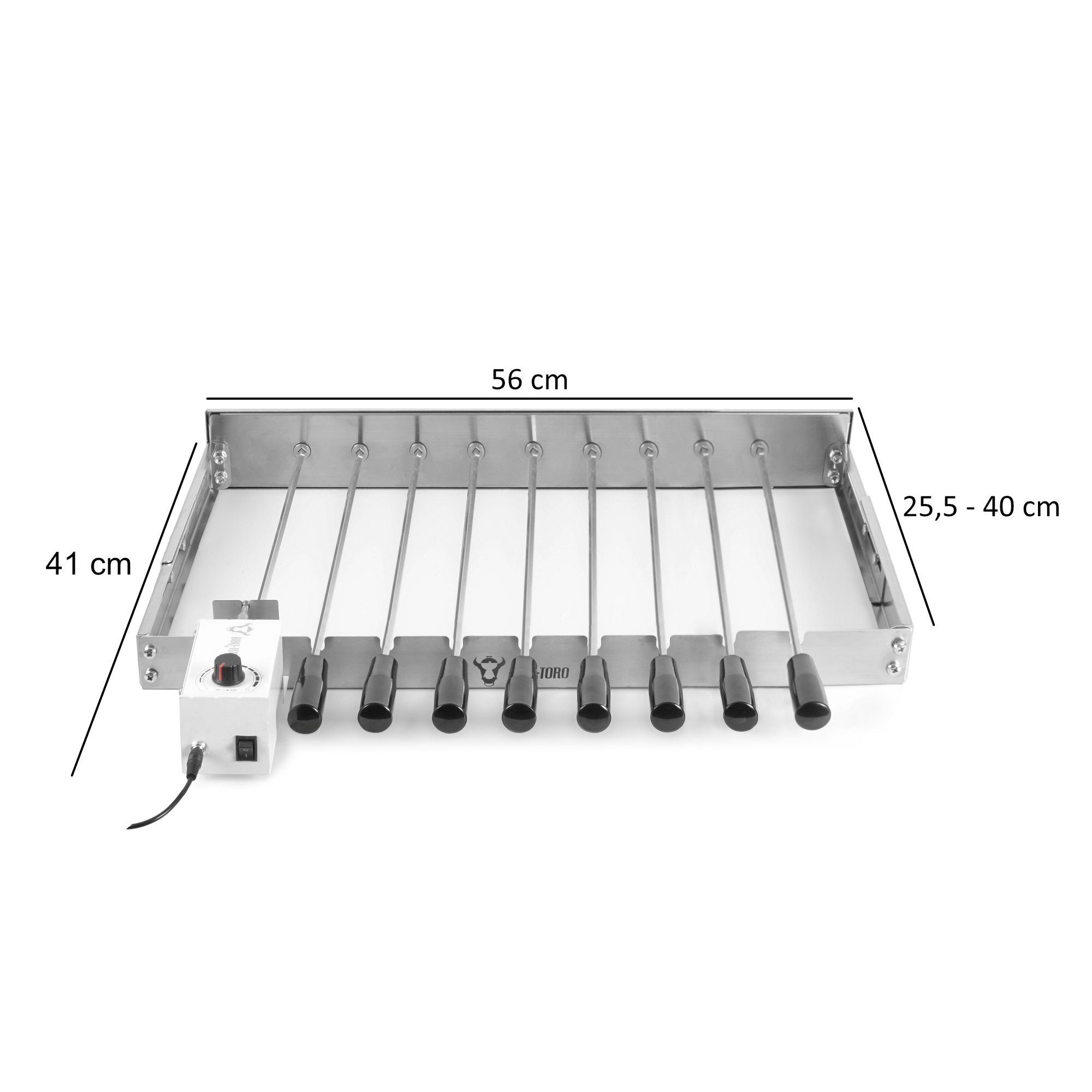 BBQ-Toro Grillspieß Edelstahl Grillaufsatz mit 9 Spießen, 56 x 26-40 cm, Motor links